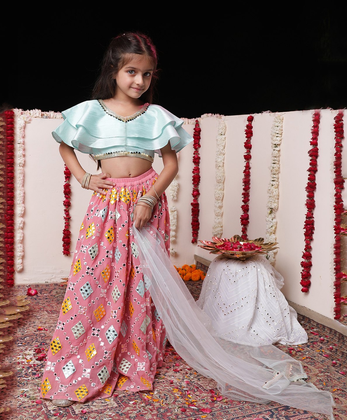 Vastramay Half Sleeves Mirror Work Embellished Silk  Lehenga Choli With Dupatta Set - Aqua & Pink-image-47