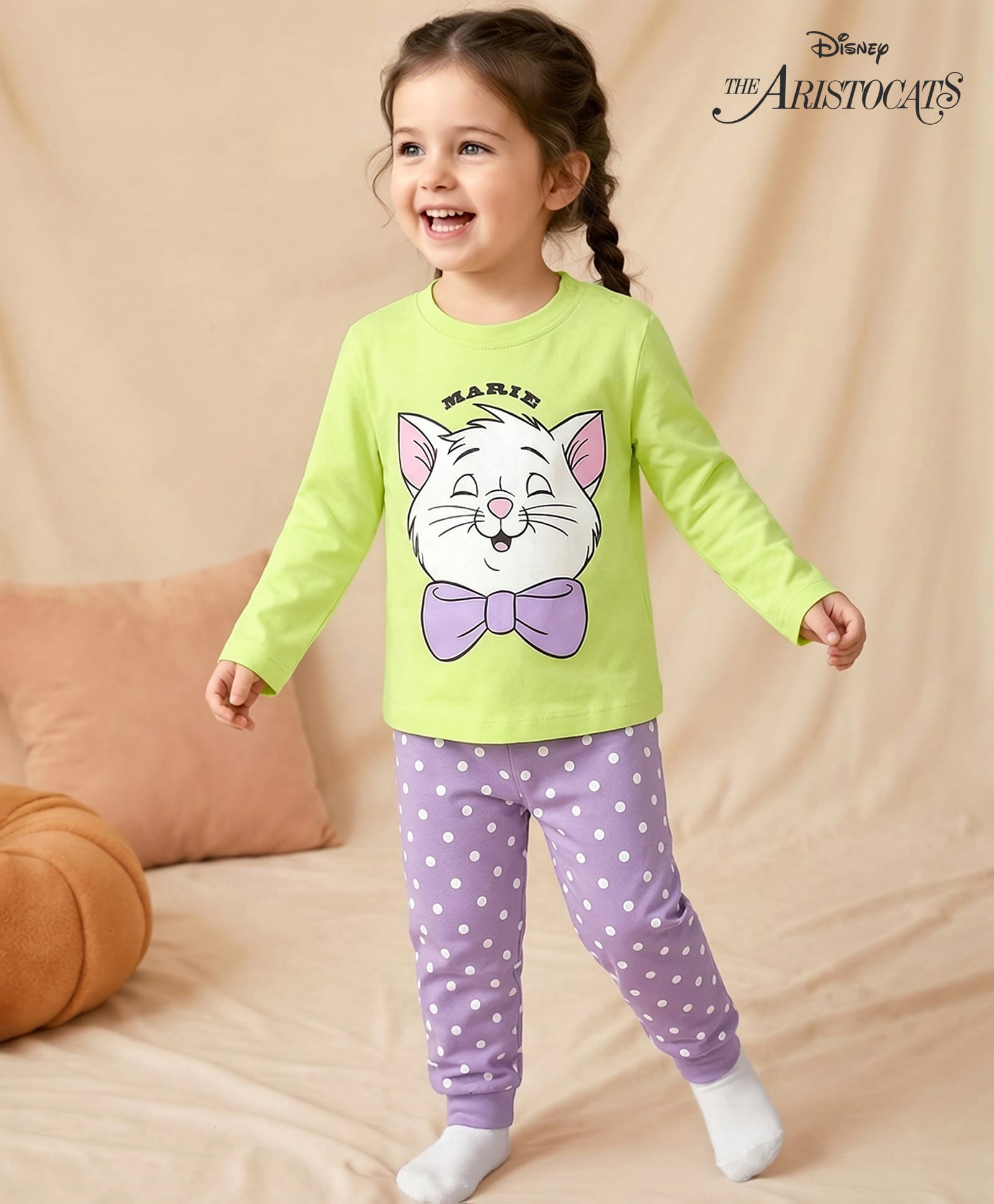 Babyhug Disney Single Jersey Full Sleeve Night Suit With Marie Graphics - Green & Purple-image-39