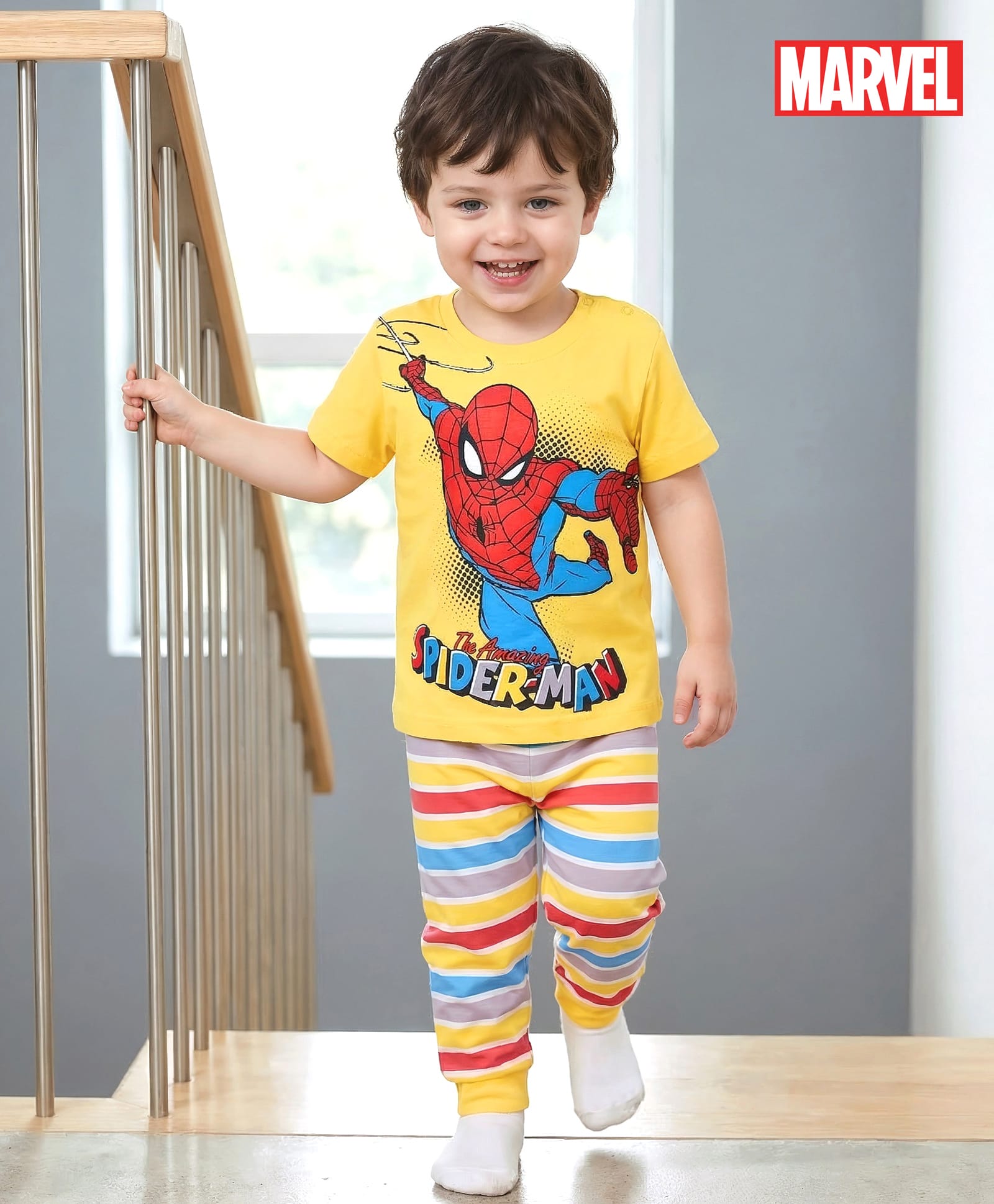 Babyhug Marvel Cotton Half Sleeves Night Suit With Spiderman Print - Multicolor-picture-11