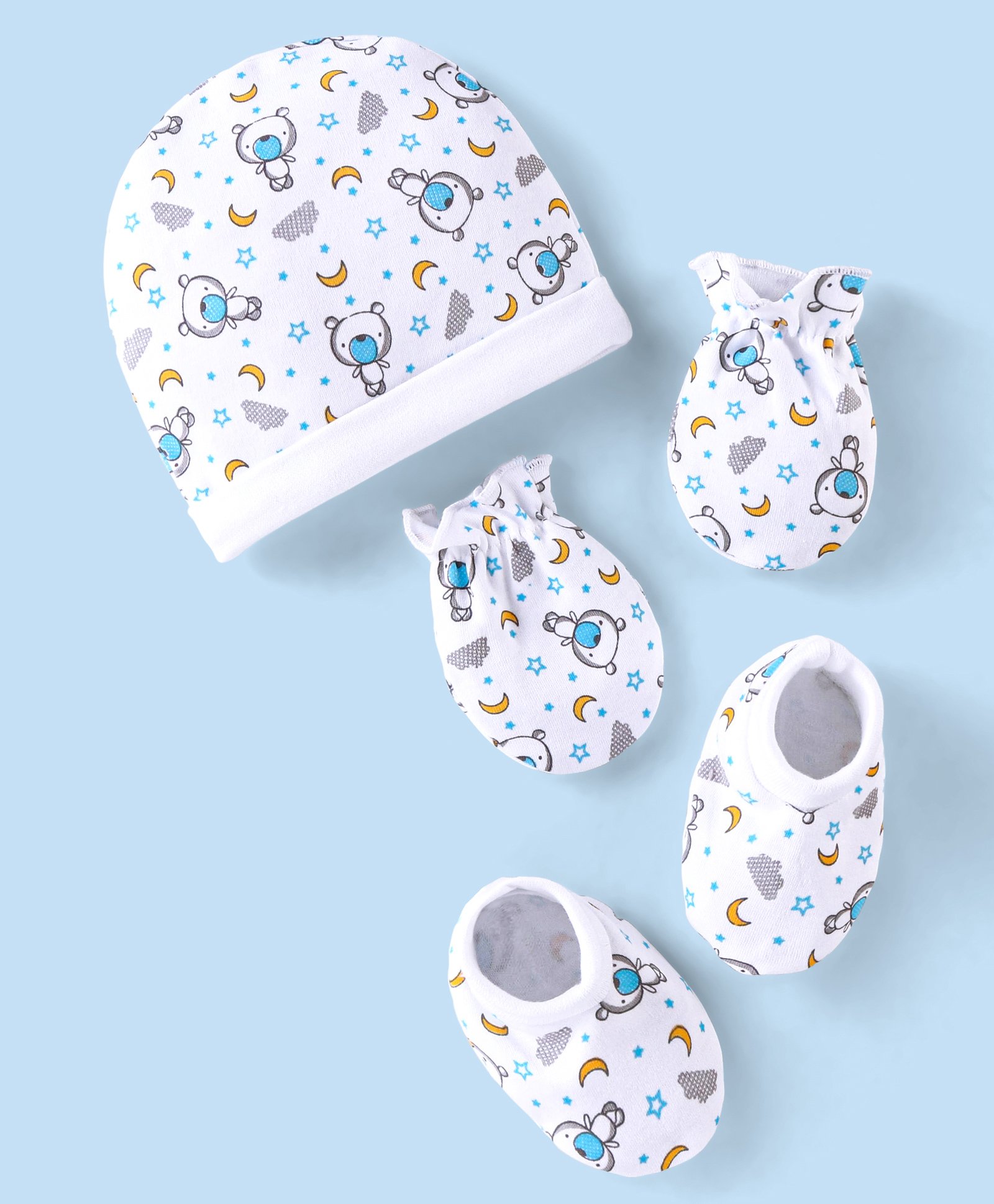 Babyhug 100% Cotton Cap Mittens & Booties Set Teddy Print - White-image-5