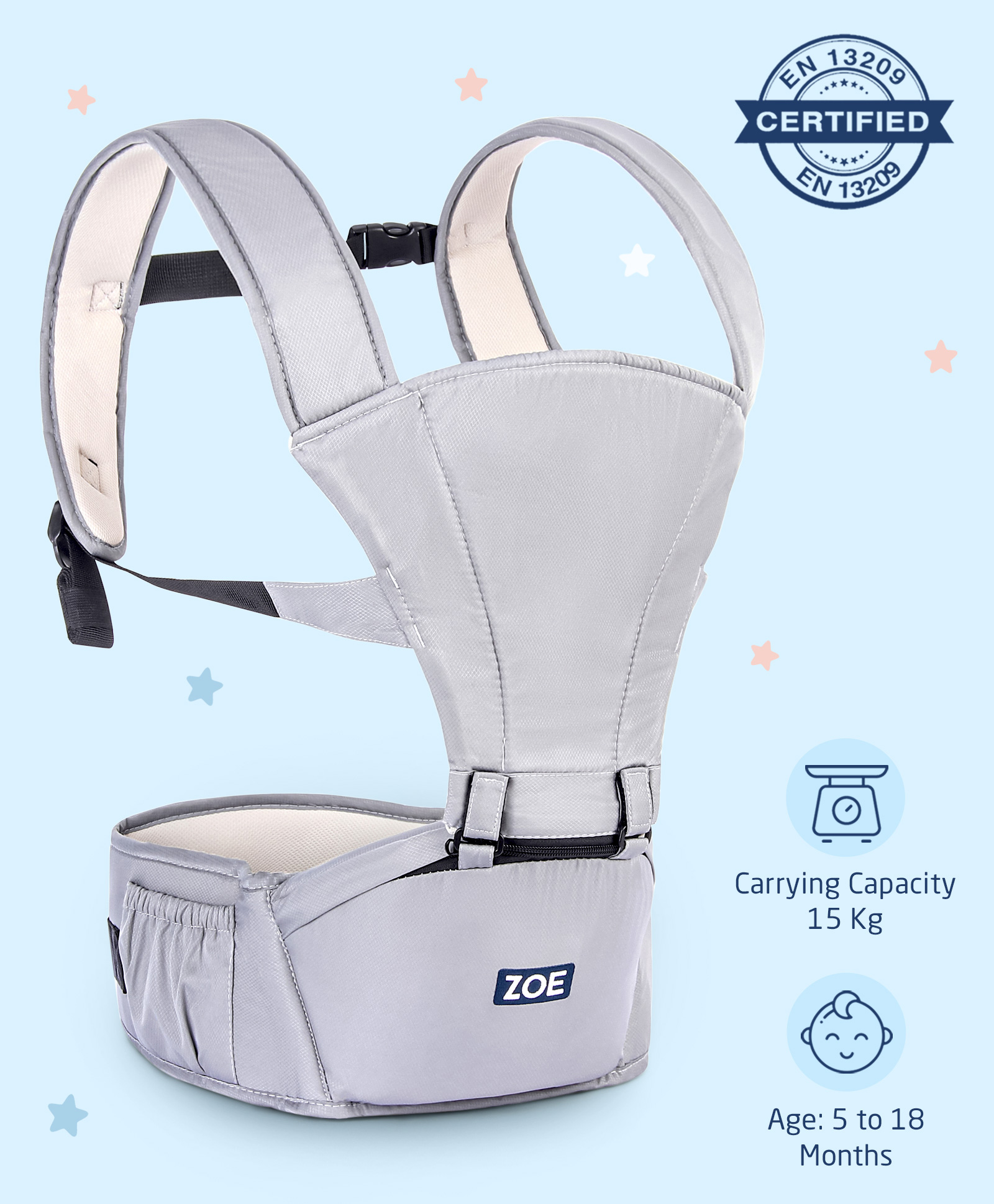 Zoe Snuggle Hip Seat cum Baby Carrier - Grey