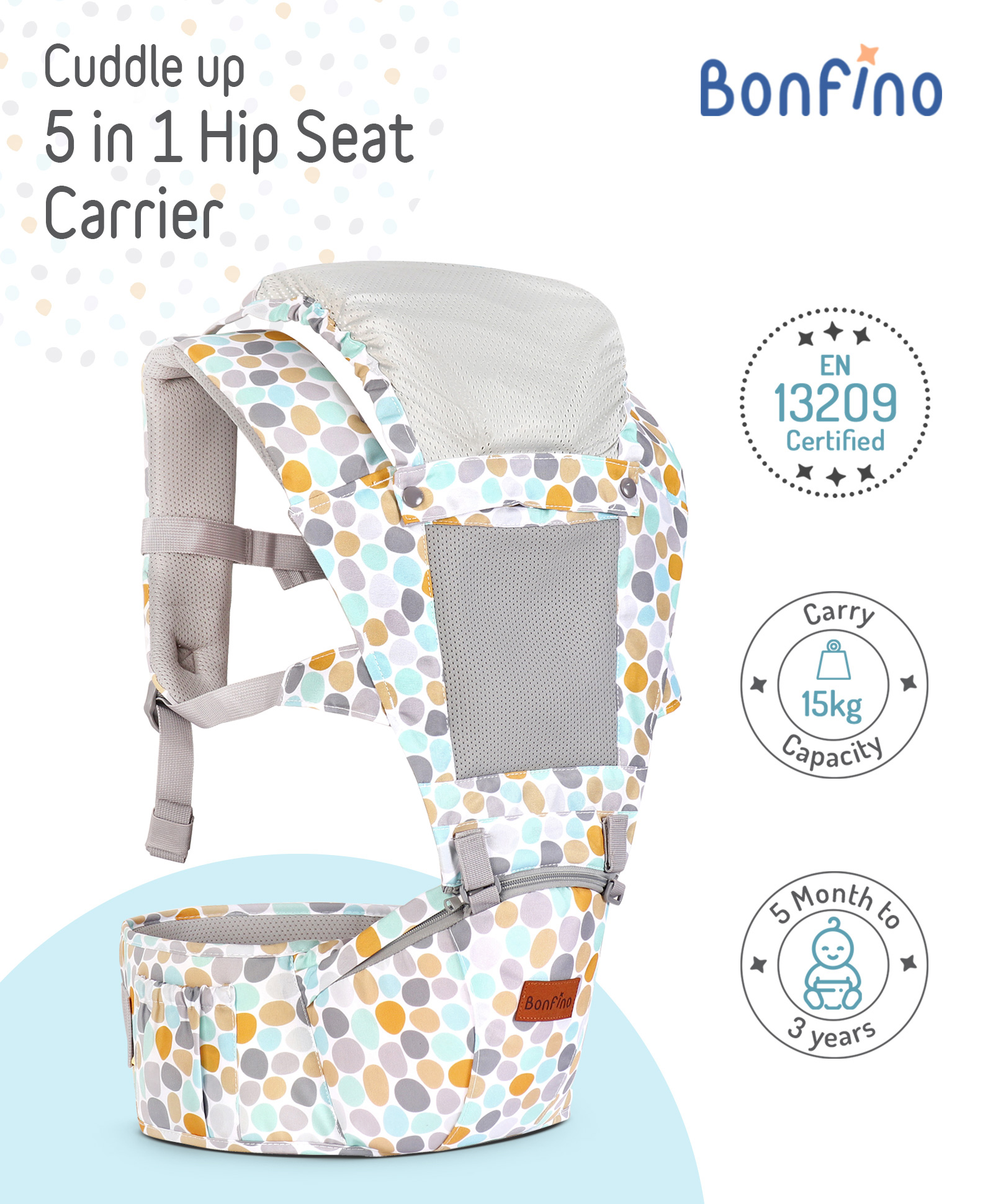 Bonfino Cuddle Up 5 in 1 Hip Seat Carrier with Polka Dots