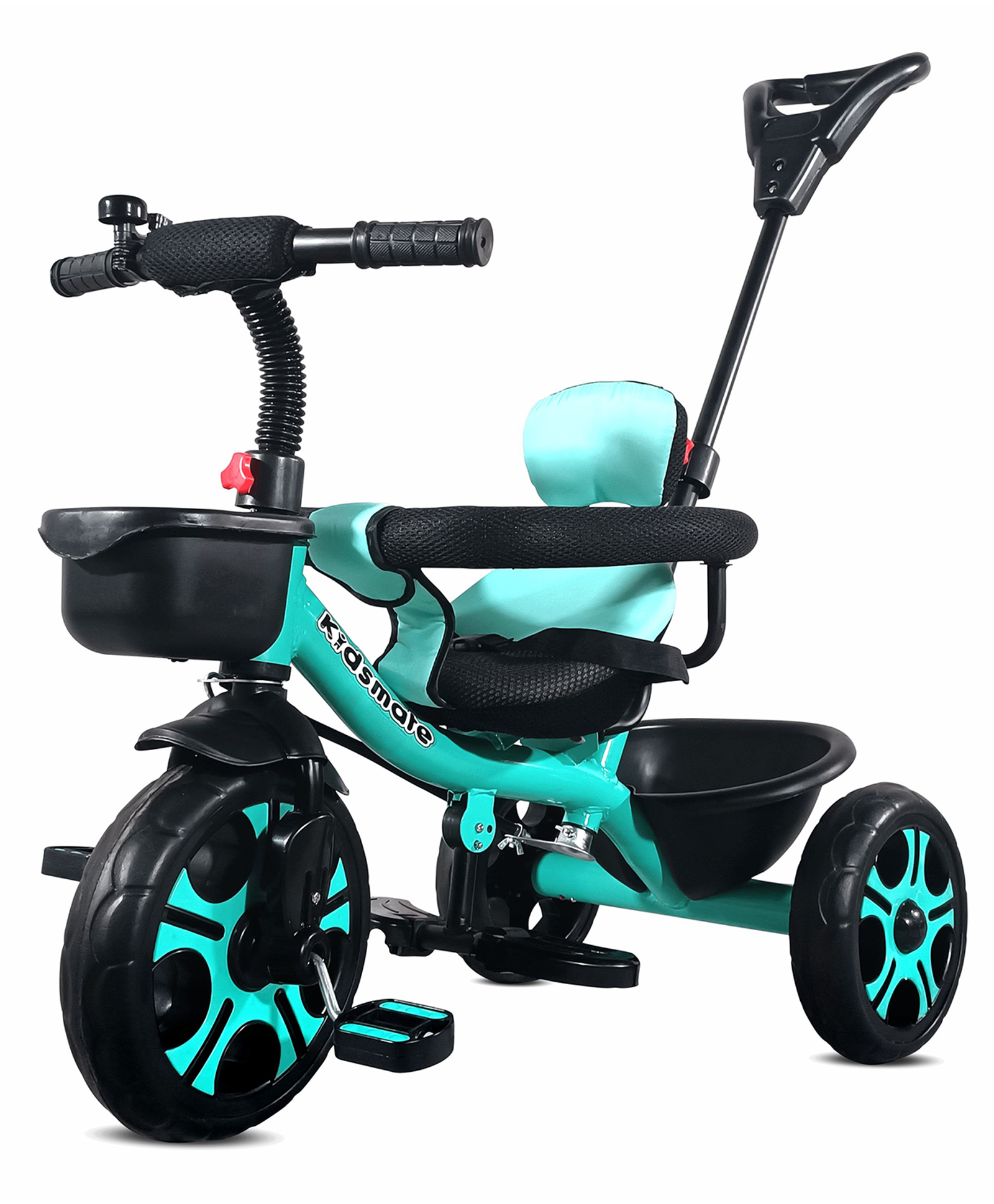 Kidsmate Thunder Plug N Play Kids/Baby Tricycle with Safety Guard Rail and Parental Control | Storage Basket | Fabric Cushion Seat & Bell - (Sea Green)-picture-14