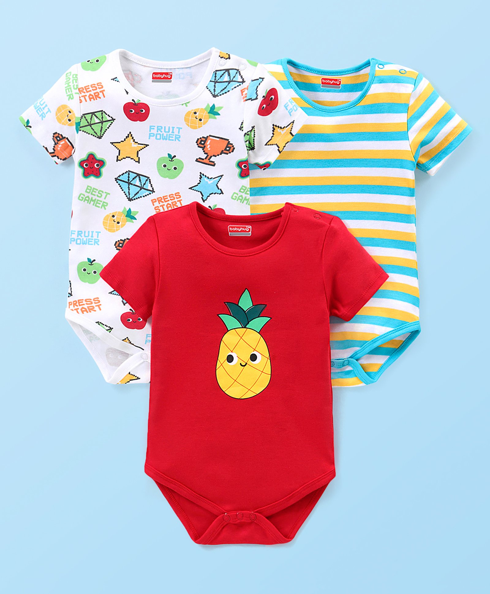 Babyhug 100% Cotton Knit Half Sleeves Onesies with Stripes & Watermelon Print Pack of 3 - Red Yellow & White-picture-31