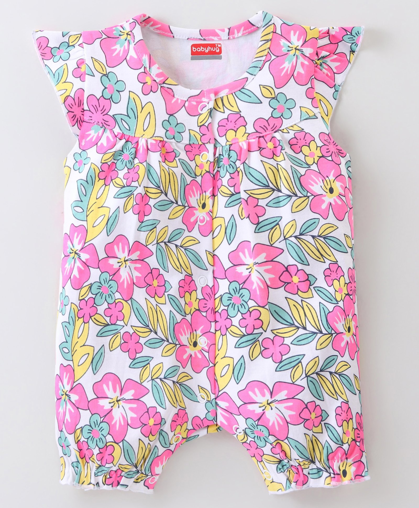 Babyhug 100% Cotton Knit Cap Sleeves Romper Floral Print - Multicolor-image-7
