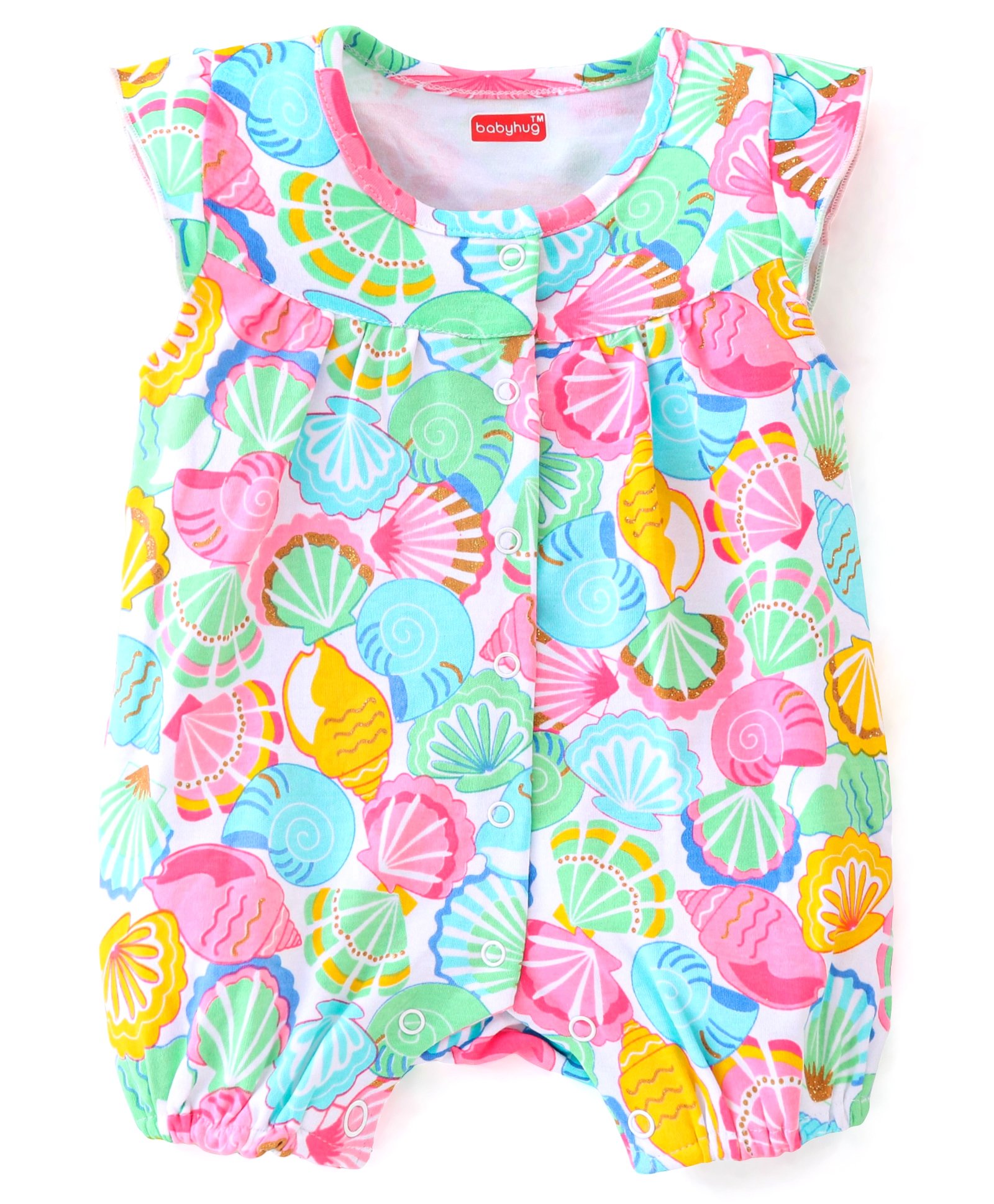 Babyhug 100% Cotton Knit Half Sleeves Romper with Sea Shell Print - Multicolour-image-27