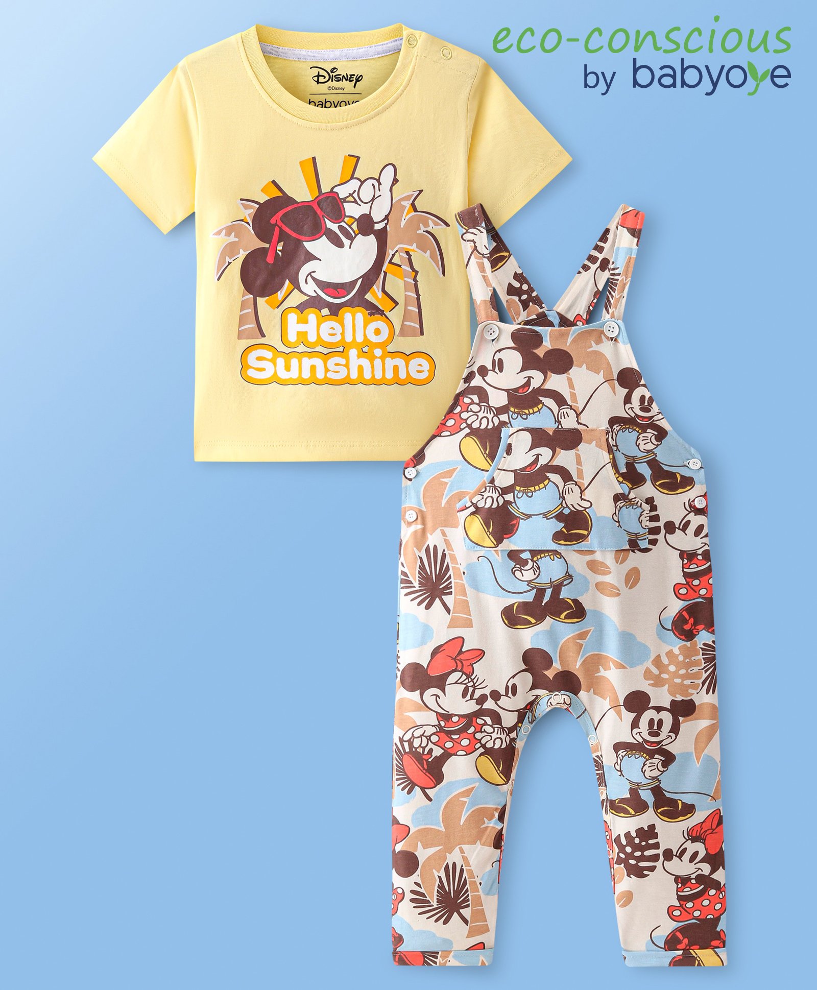 Babyoye DisneyCotton Knit Half Sleeves T-Shirt & Full Length Terry Dungaree Set Mickey Mouse Print - Yellow-image-34