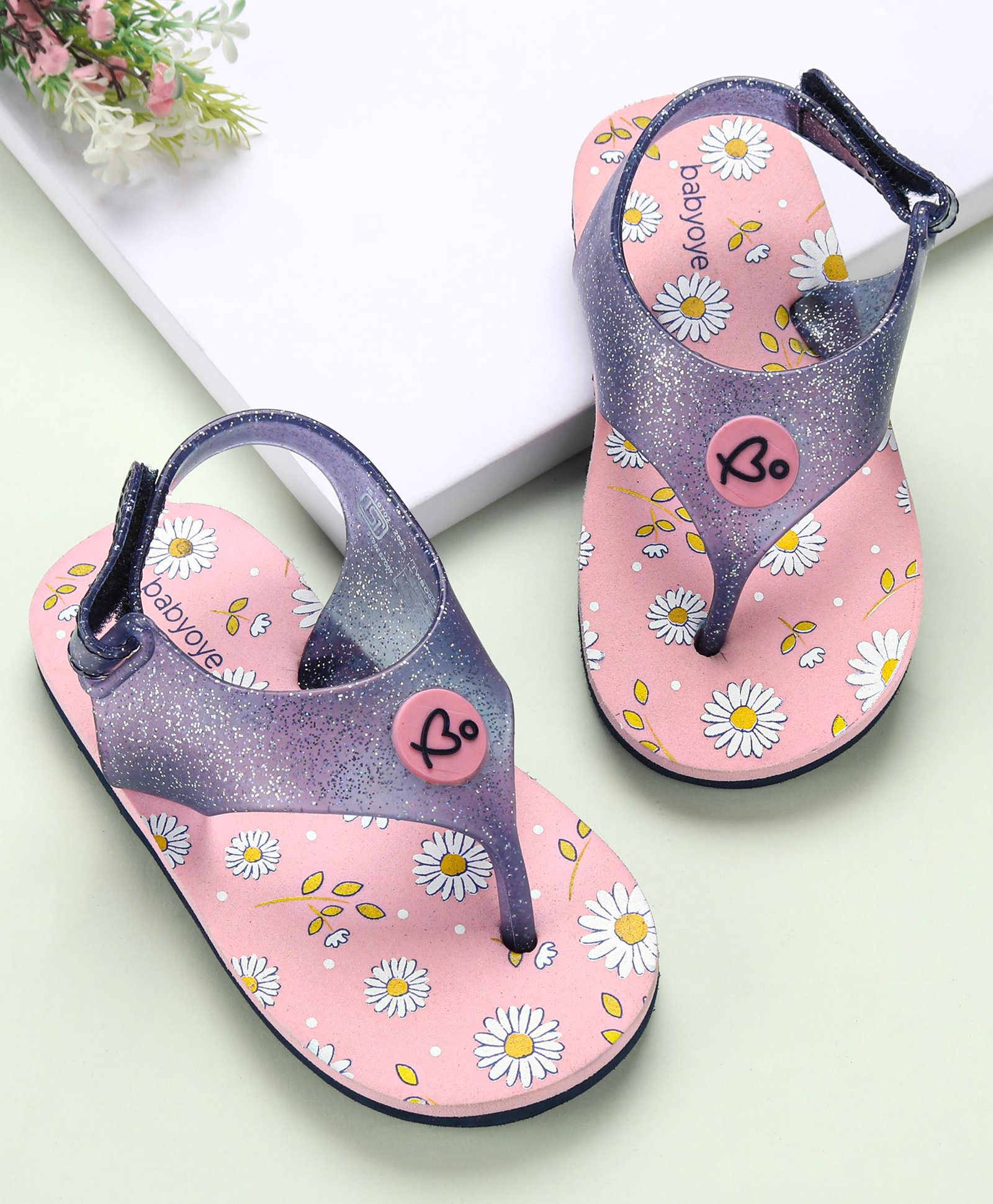 Babyoye Flip Flops with Velcro Closure Floral Print - Pink-image-40