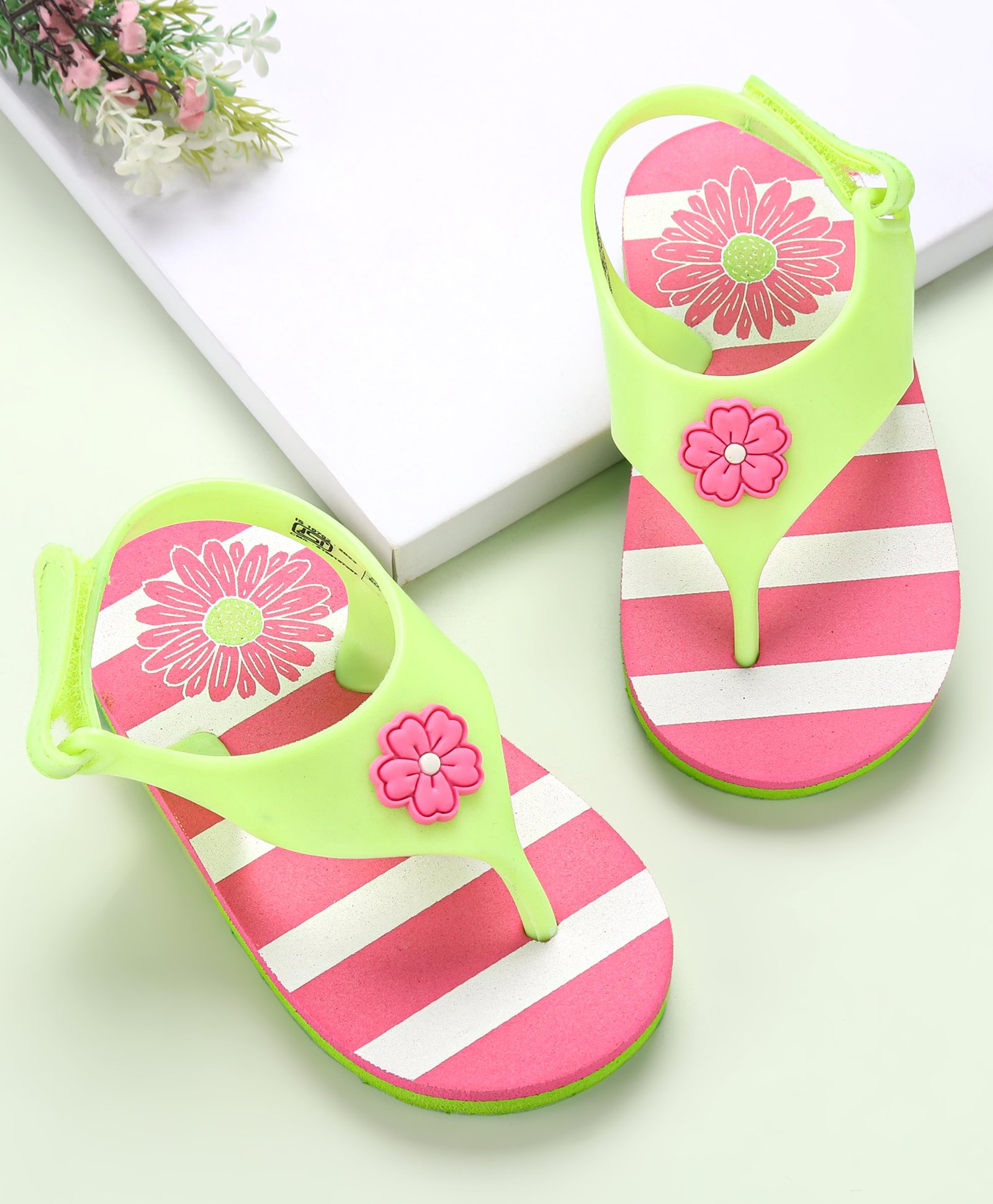 Babyoye Flip Flops Velcro Closure  Floral Print- Green