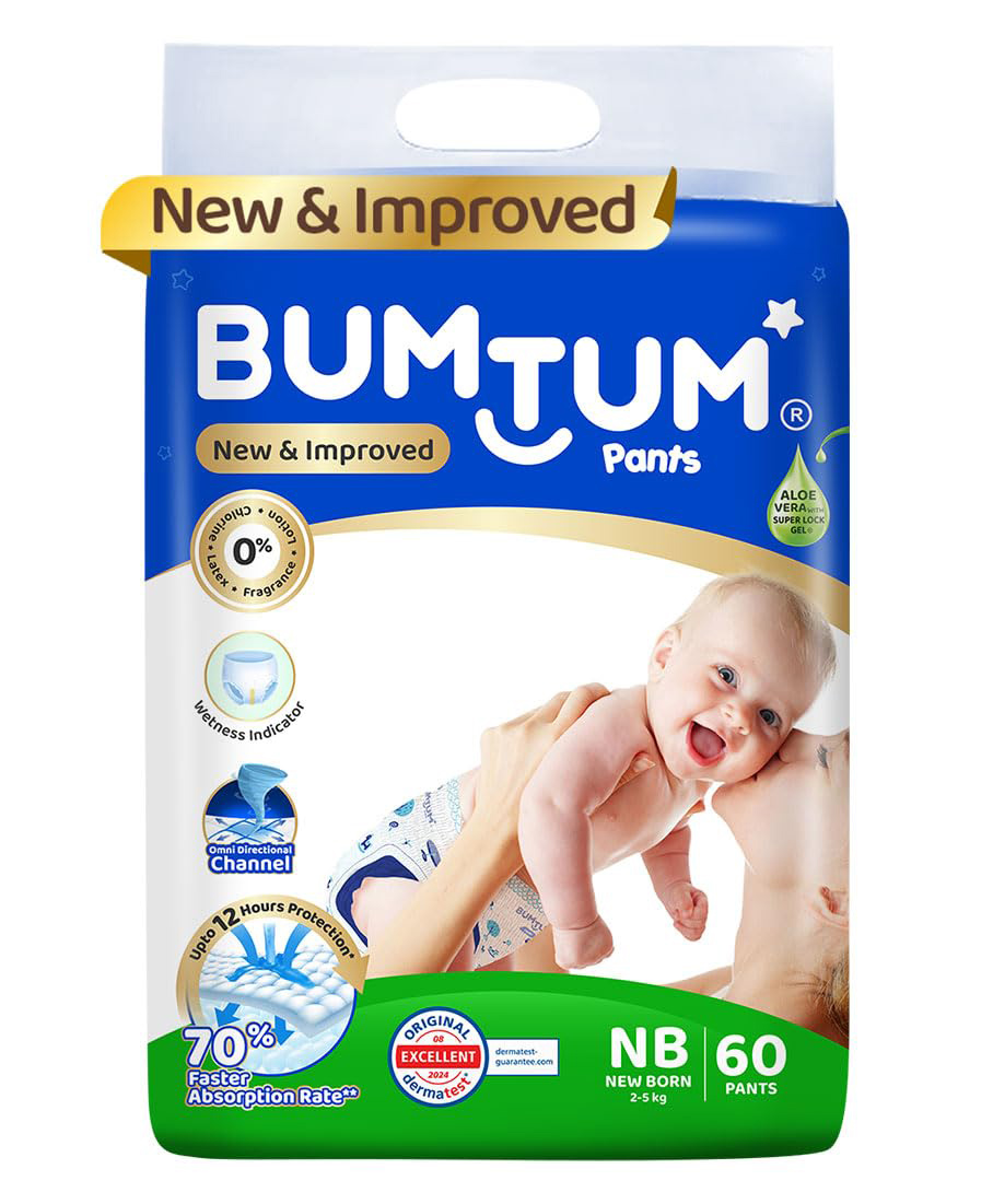 Bumtum Baby Diaper Pants with Double Layer Leakage Protection Infused With Aloe Vera, Cottony Soft High Absorb Technology  New Born - 60 Pieces-picture-12