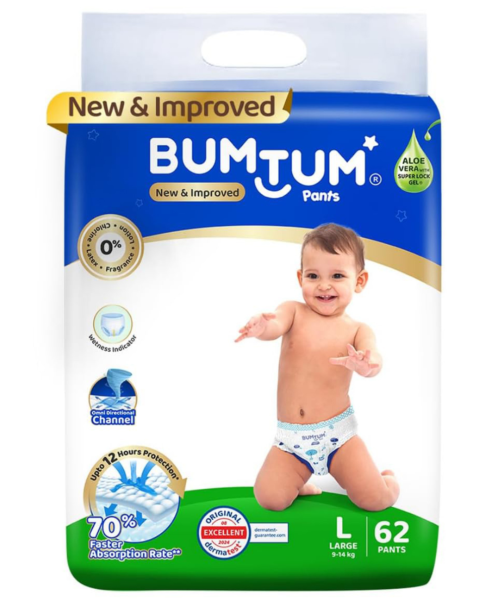 Bumtum Baby Diaper Pants with Double Layer Leakage Protection Infused With Aloe Vera, Cottony Soft High Absorb Technology  Large- 62 Pieces-picture-29