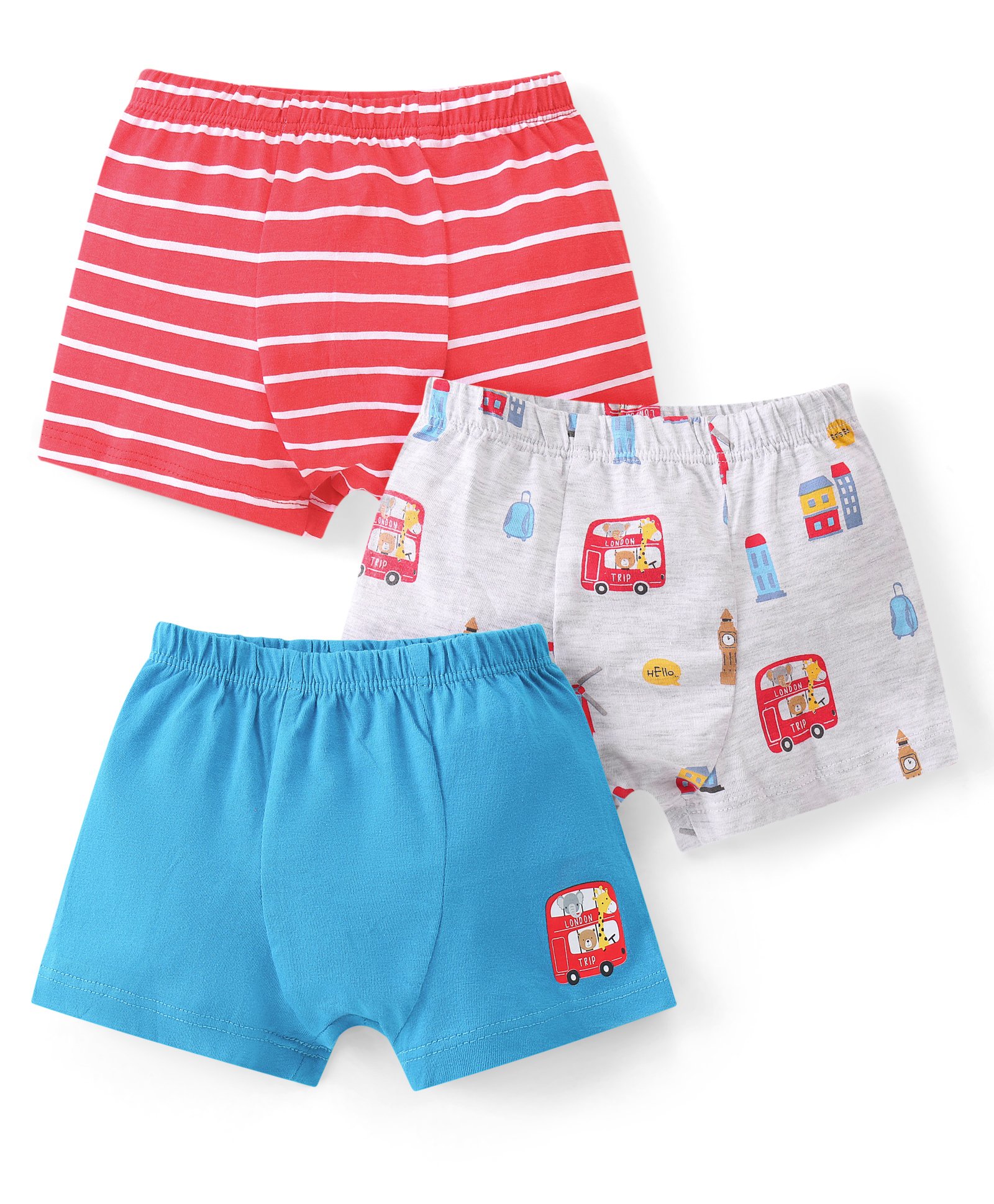 Babyhug 100% Cotton Above Knee Length Trunk Stripes & Vehicle Print Pack of 3 - Multicolour-image-17