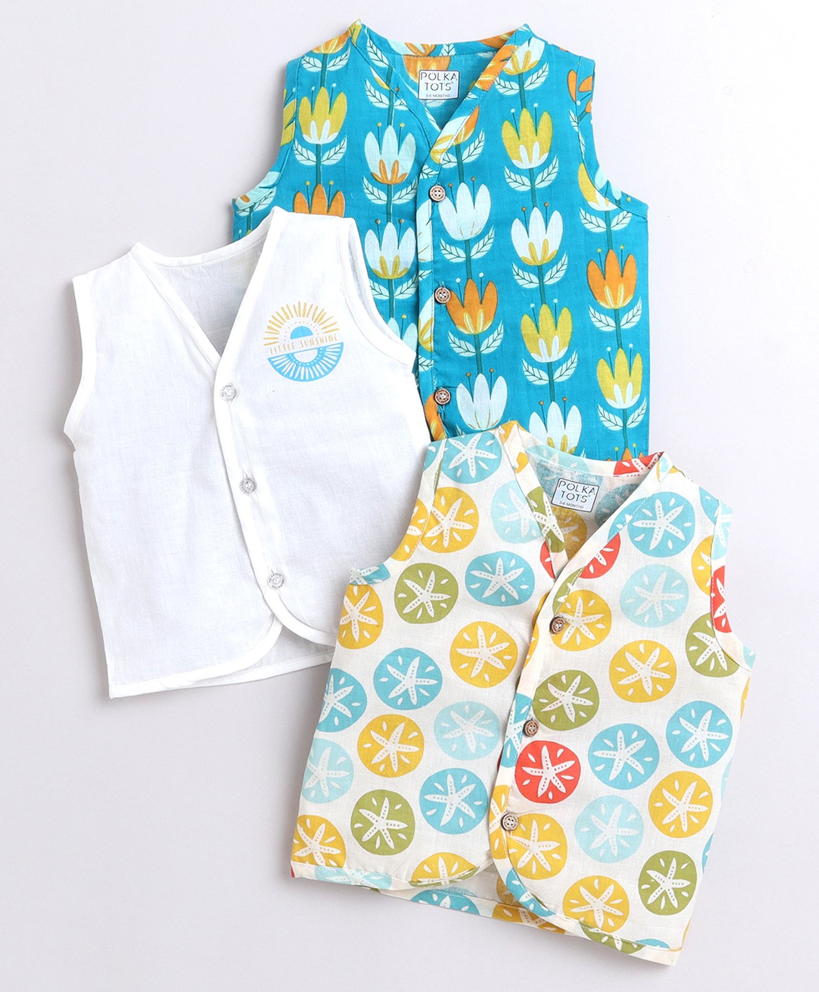 Polka Tots Pack Of 3 Cotton Sleeveless Flower & Star Printed Jhablas - Multi Colour-image-26