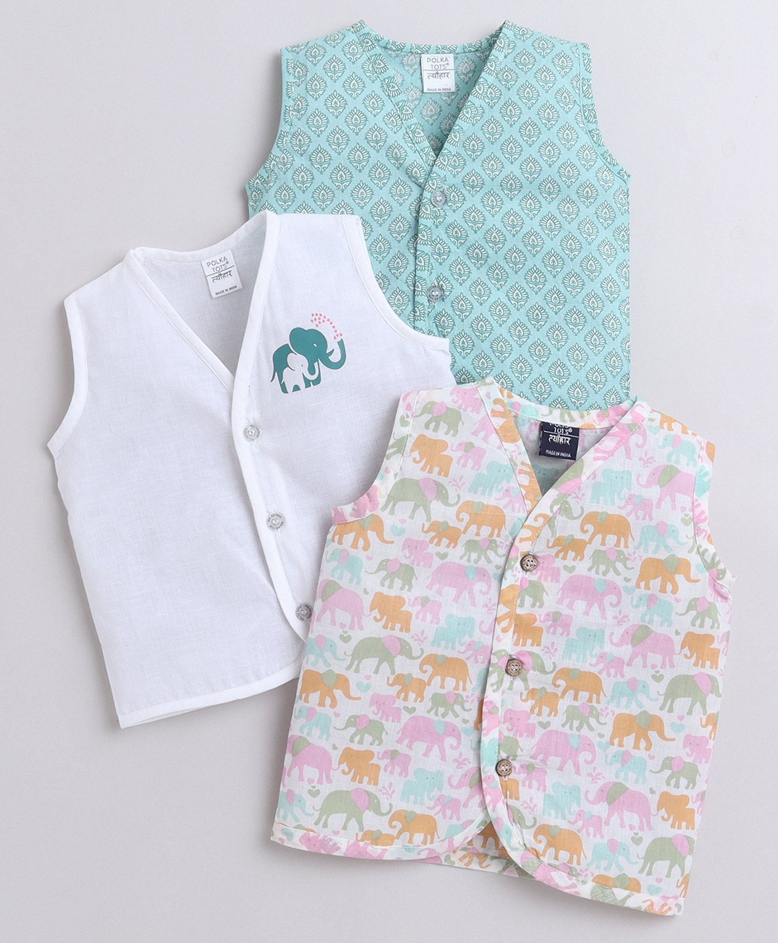 Polka Tots Pack Of 3  Sleeveless Elephant Printed Cotton  Jhablas -  Multi Colour-picture-17