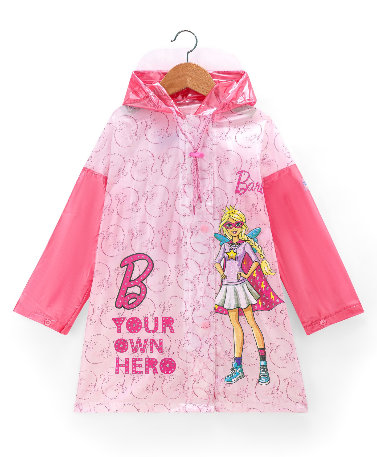 Babyhug Full Sleeves Below Knee Length Raincoat Barbie Print - Pink
