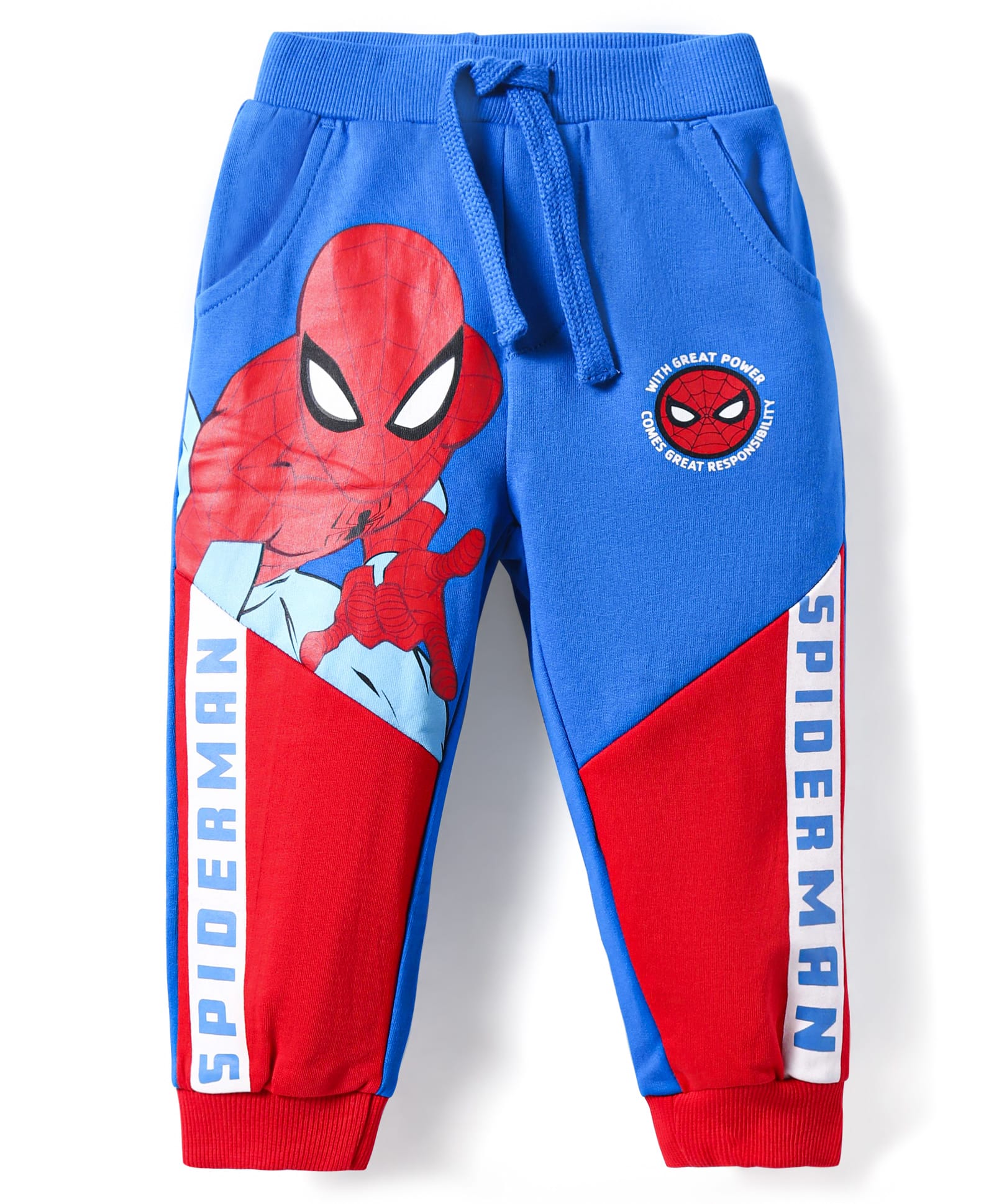 Babyhug Marvel Terry Knit Full Length Lounge Pant with Spider Man Print - Blue & Red-image-20