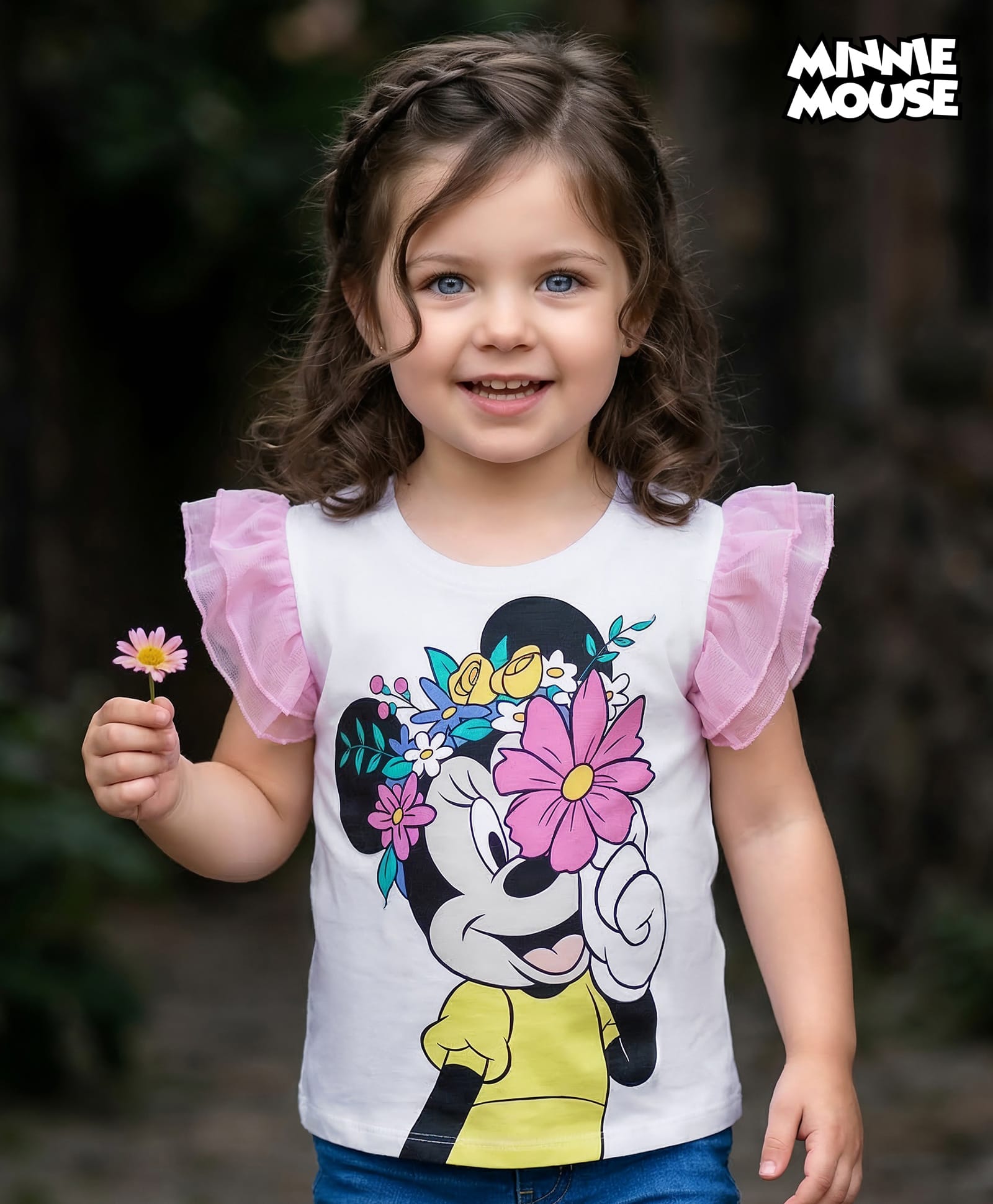 Babyhug Disney Cotton Knit Mesh Frill Sleeves Top with Minnie Mouse Graphics - White-image-25