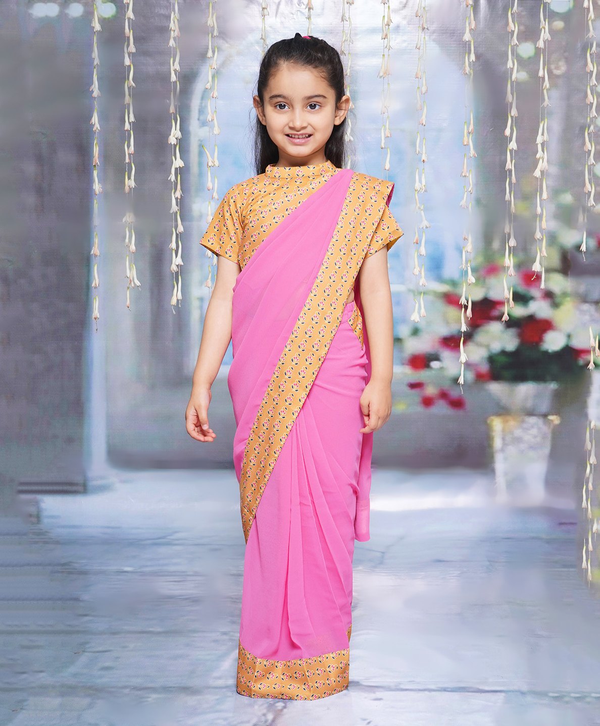 Little Bansi Half Sleeves Floral Printed Coordinating Ready To Wear Blouse & Saree Set - Lavender Pink-picture-28
