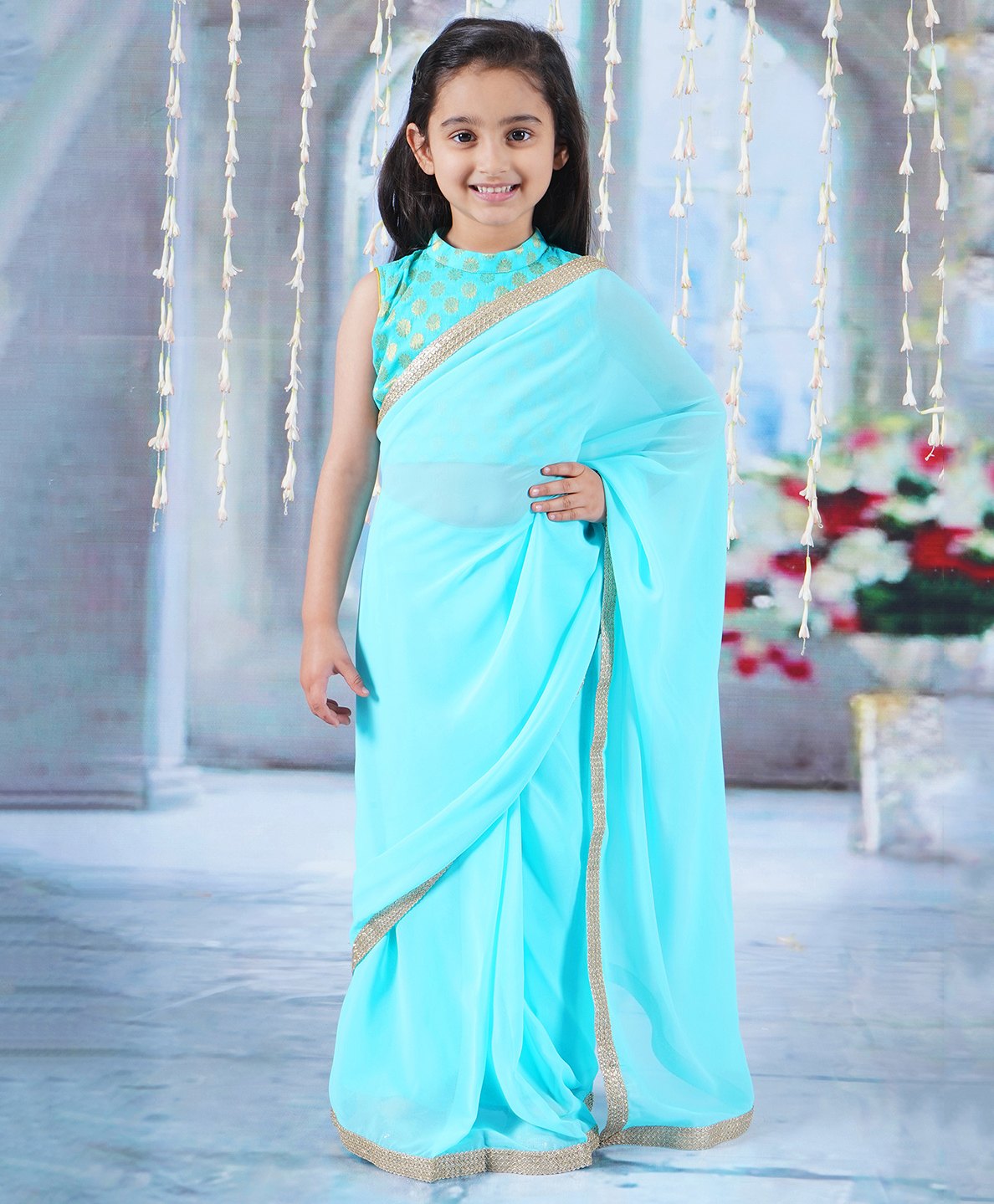 Little Bansi Sleeveless Floral Foil Printed Blouse With Gota Lace Embellished Ready To Wear Saree - Sky Blue-image-5