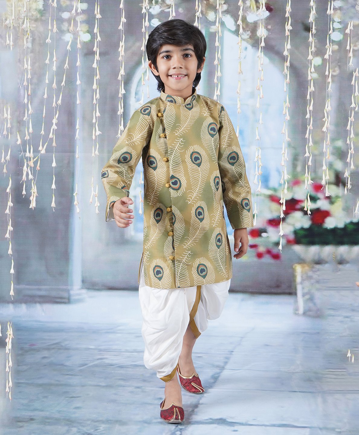 Little Bansi Full Sleeves Peacock Feather Printed Coordinating Sherwani With Dhoti - Mustard Yellow-picture-27