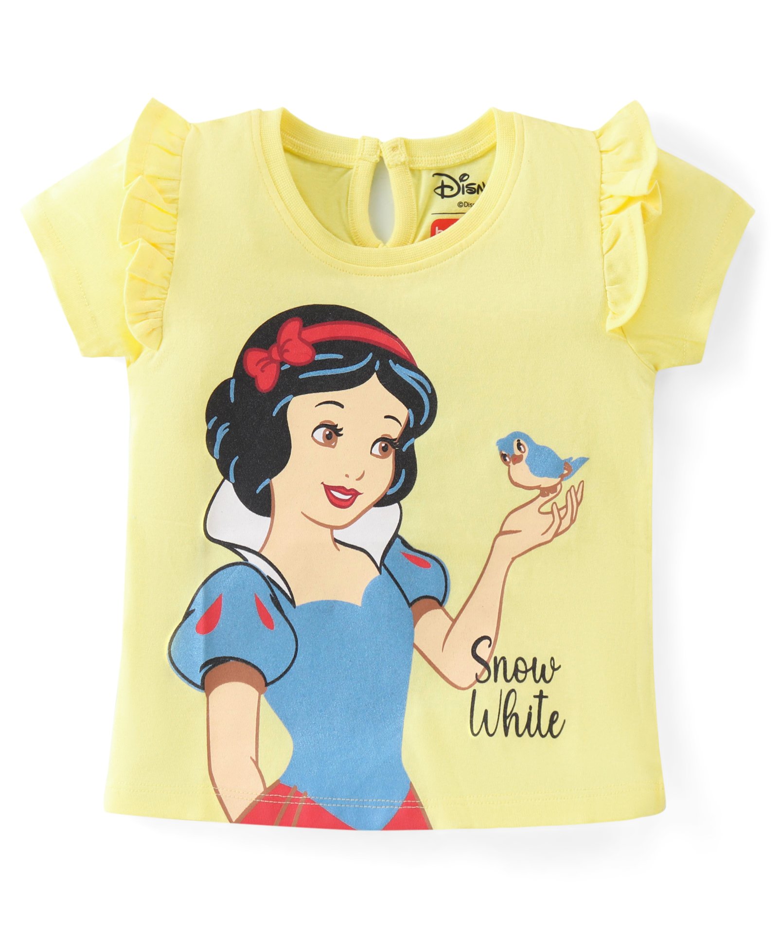 Babyhug Disney Cotton Knit Half Sleeves Top with Snow White Graphics & Frill Detailing - Yellow-picture-10