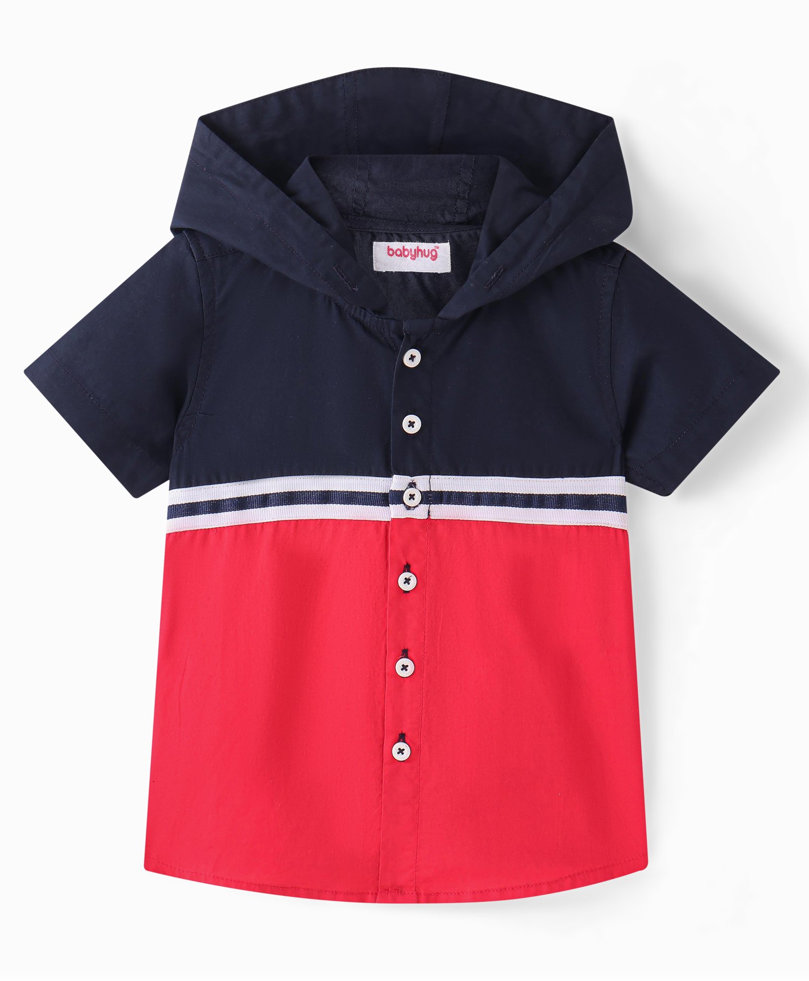 Babyhug Cotton Half Sleeves Solid Hooded Shirt - Red & Blue-image-46