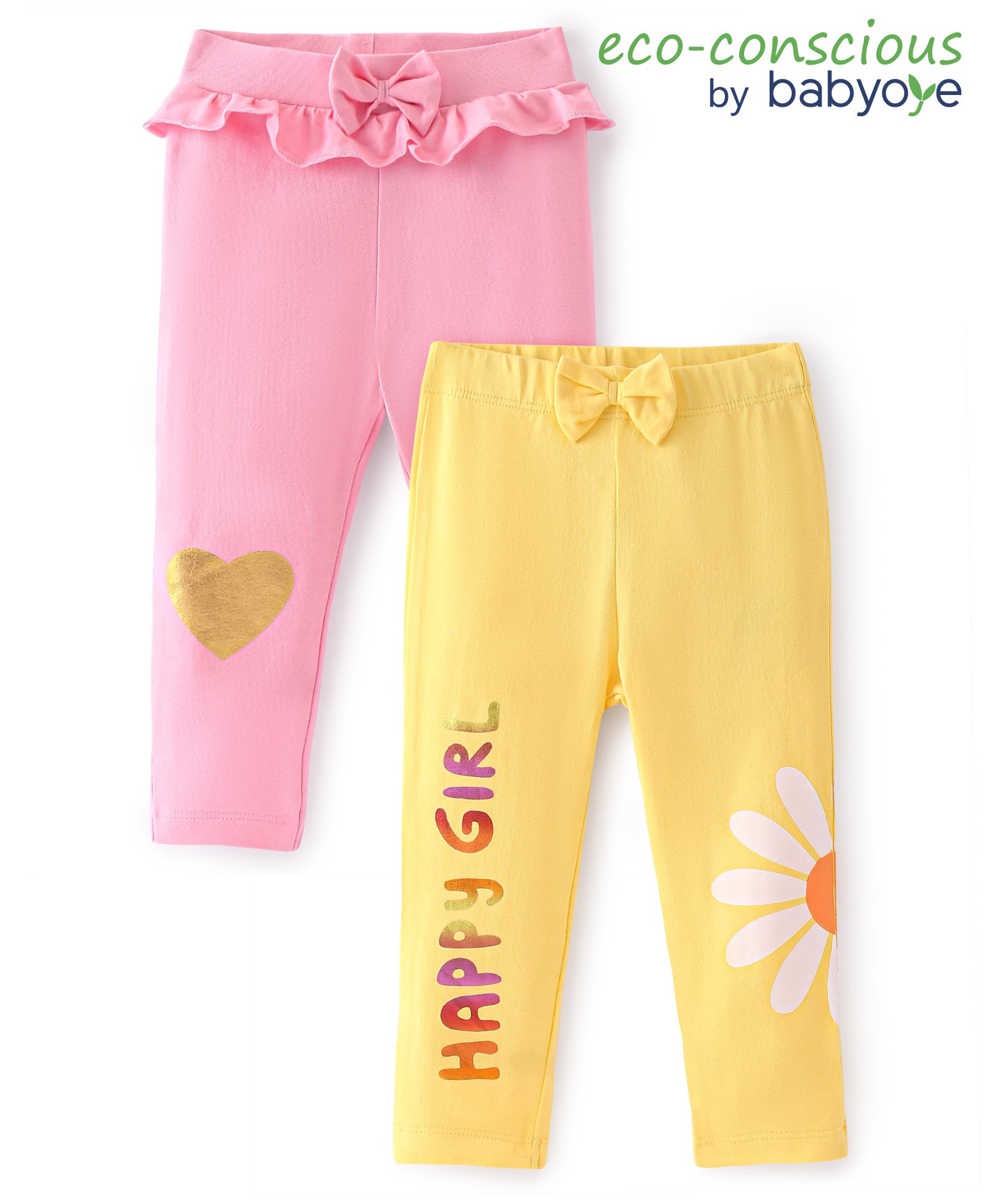 Babyoye Cotton Full Length Legging With Metallic Print & Bow Applique Pack of 2 - Pink & Yellow-picture-37