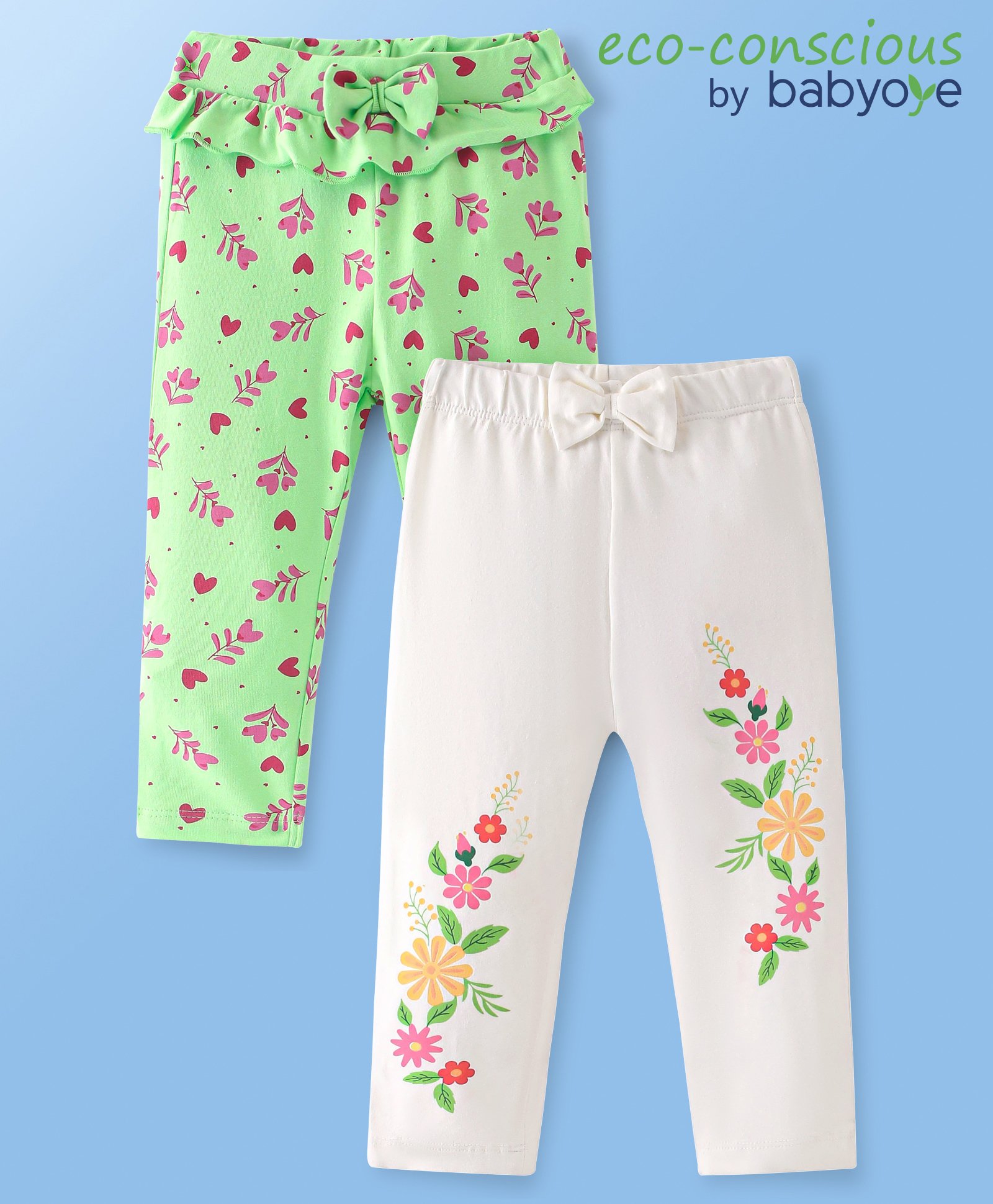 Babyoye Cotton Full Length Legging With Floral Print & Bow Applique Pack of 2 - Green & White-picture-34