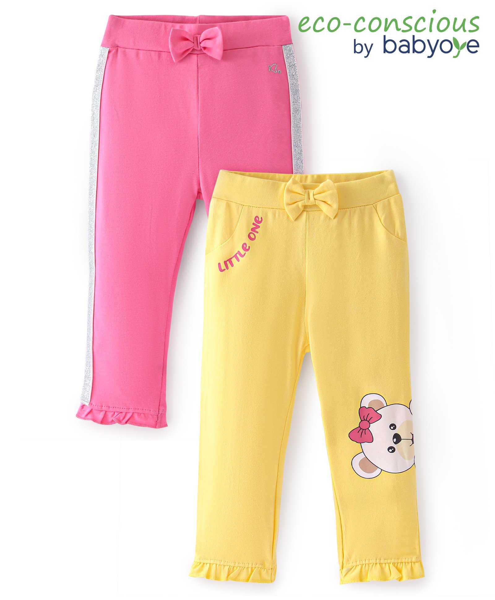 Babyoye Cotton Full Length Legging With Teddy Bear Print & Bow Applique Pack of 2 - Pink & Yellow-picture-35