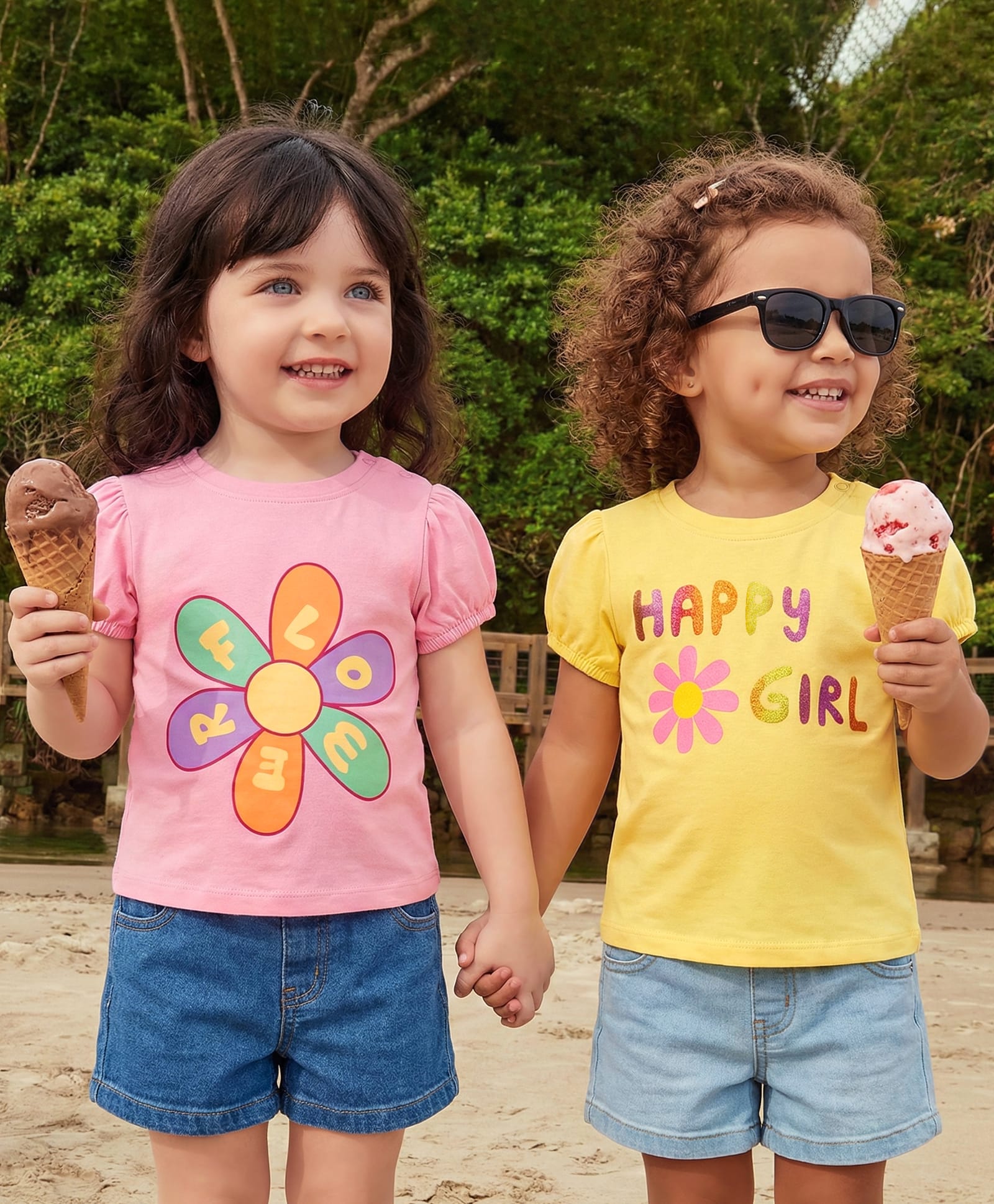 Babyoye Cotton Knit Half Puffed Sleeves Tops with Floral & Text Print - Pink & Yellow-image-32