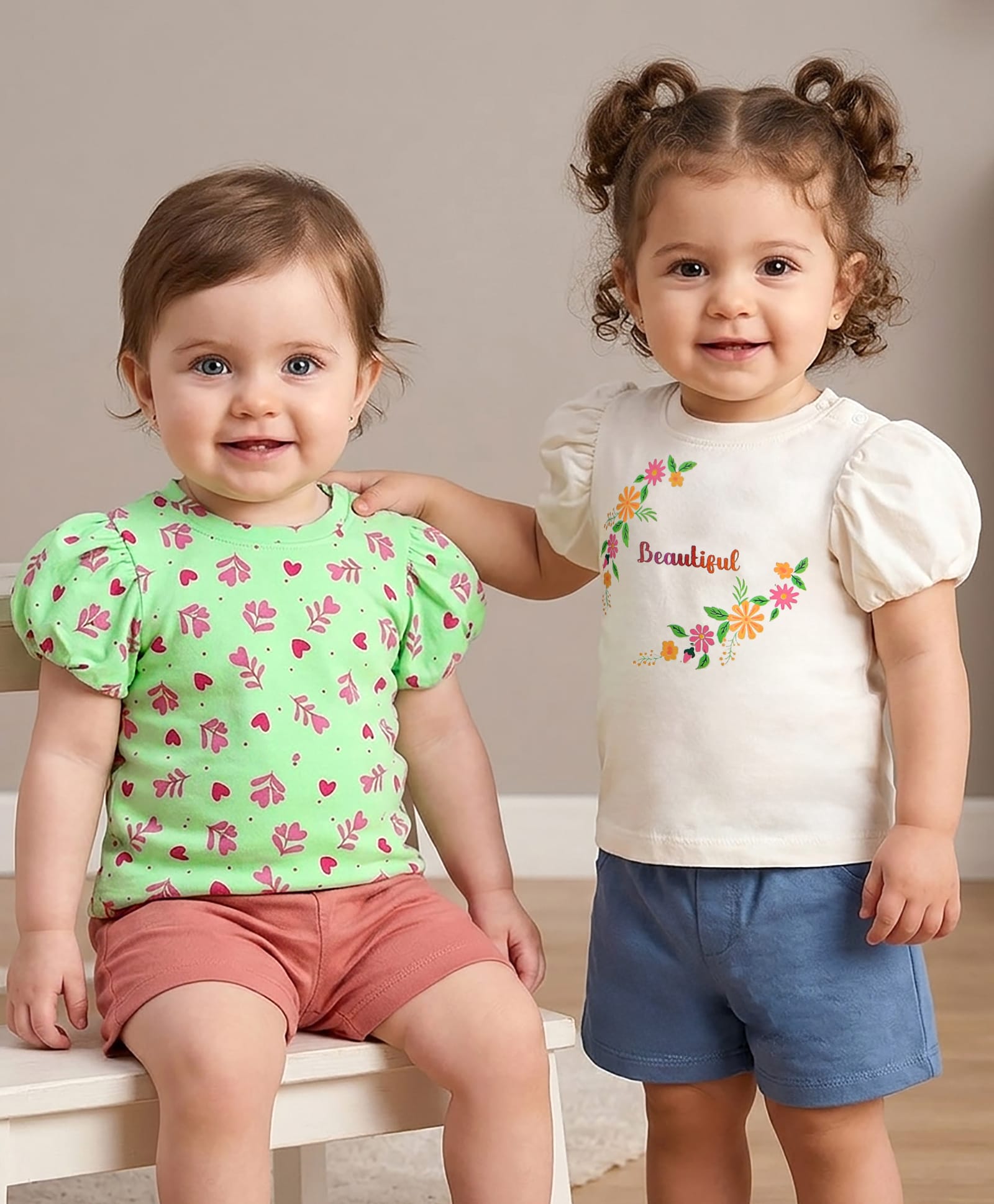 Babyoye Cotton Lycra Knit Half Puffed Sleeves Tops with Floral Print Pack of 2 - White & Light Green-image-19