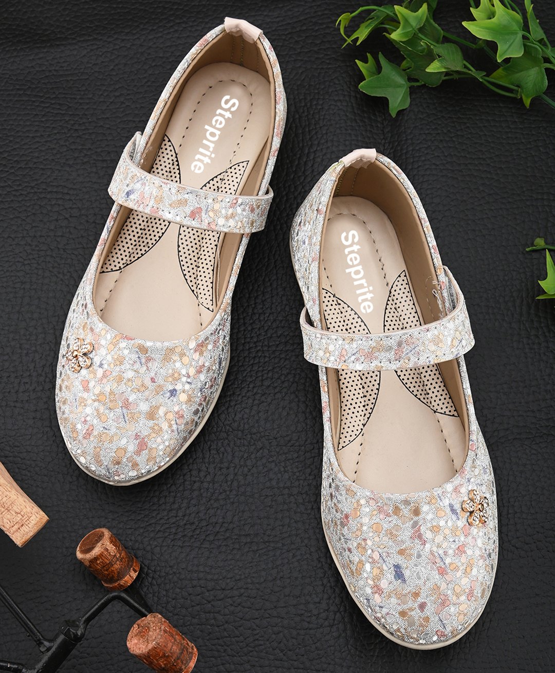 Steprite Abstract Shimmer Design Velcro Closure Ballerinas - Cream-picture-42