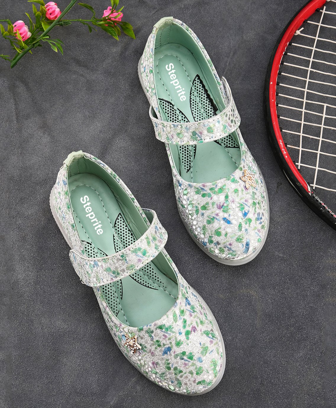Steprite Abstract Shimmer Design Velcro Closure Ballerinas - Green-image-14