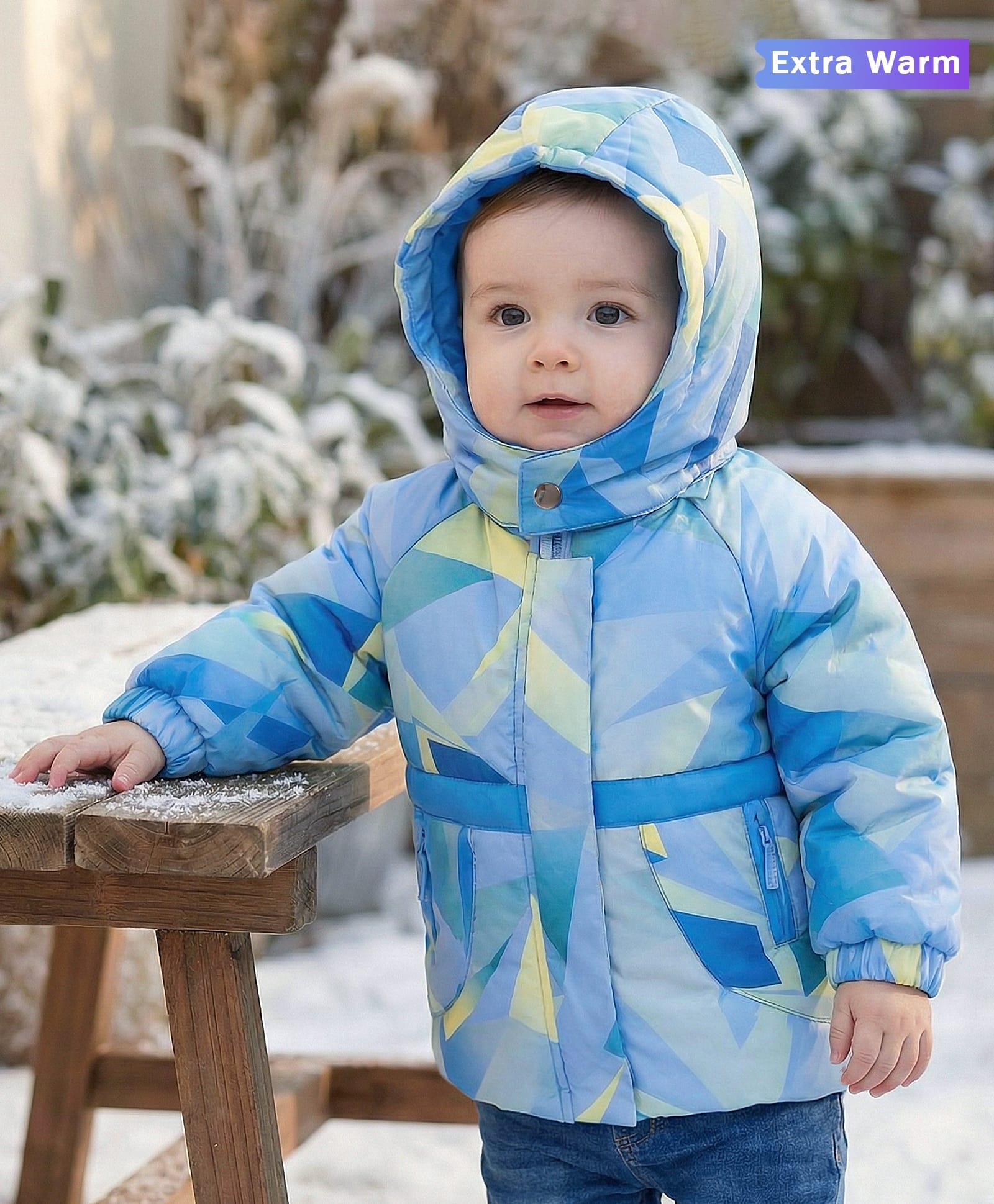 Babyoye Woven Full Raglan Sleeves Padded Hooded Jacket With Abstract Print - Light Blue-image-23