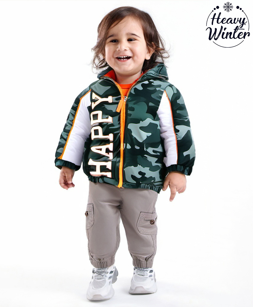 Babyoye Woven Full Sleeves Padded Hooded Jacket with Camouflage Design & Text Print - Dark Green-image-21