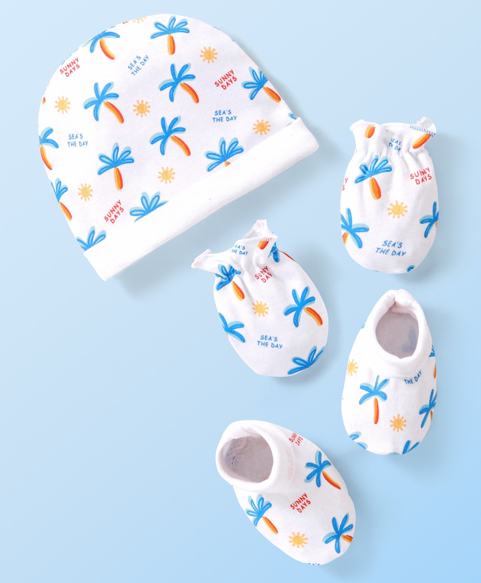 Babyhug 100% Cotton Cap Mittens & Booties Tropical Print White - Diameter 13 cm-picture-26
