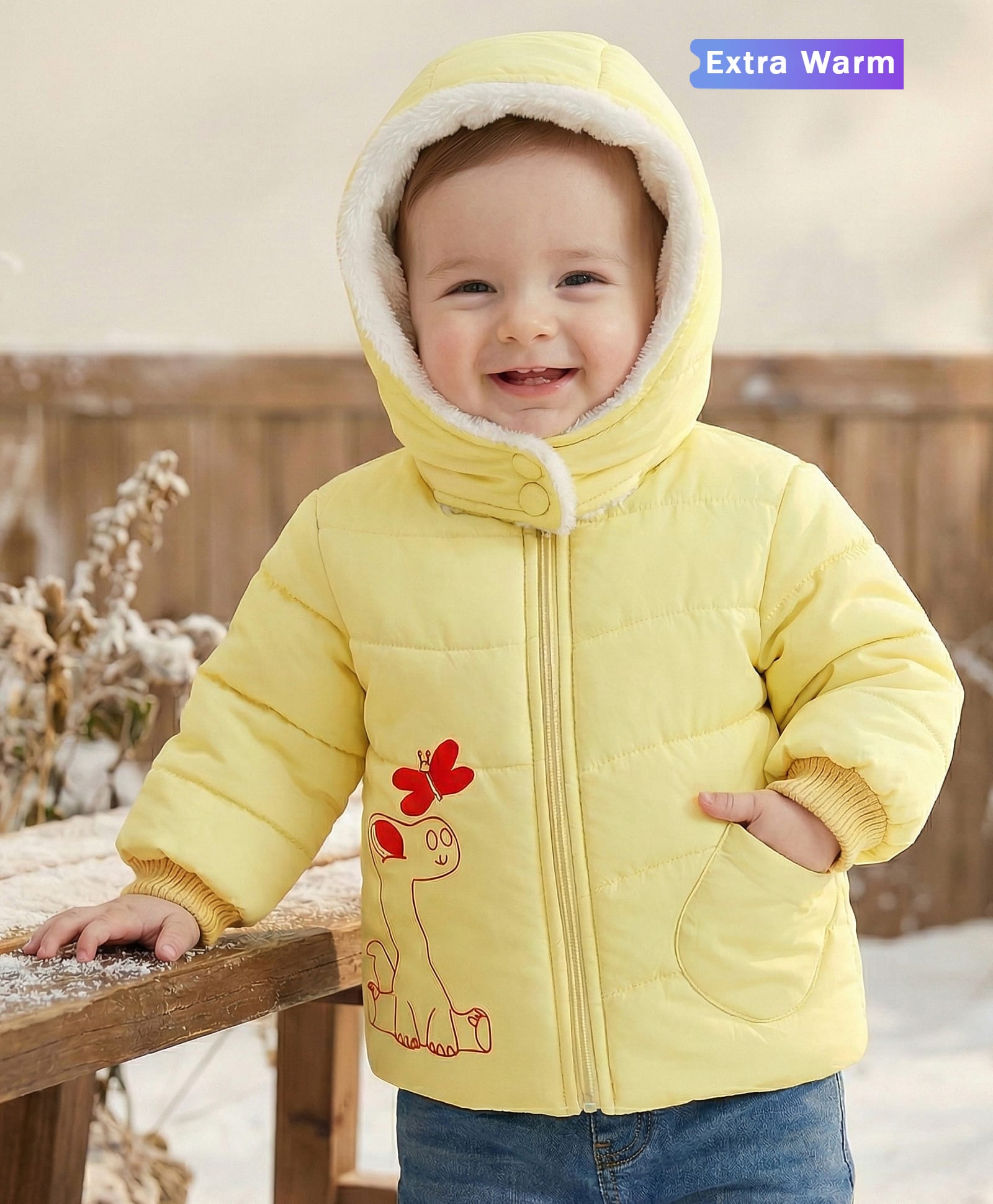 Babyoye Woven Full Sleeves Padded Hooded Jacket with Butterfly Print - Yellow-image-46