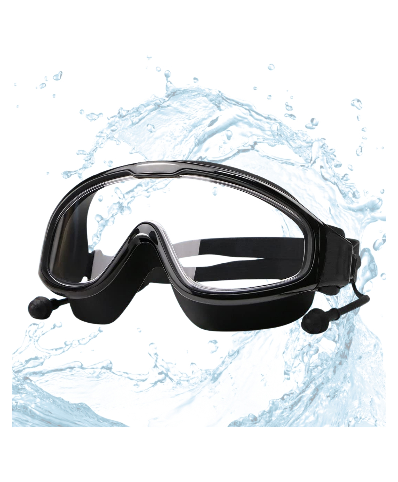 KARBD Swimming Goggles Large Frame Wide View Big Glasses with Connected Ear Plugs - Black-picture-19