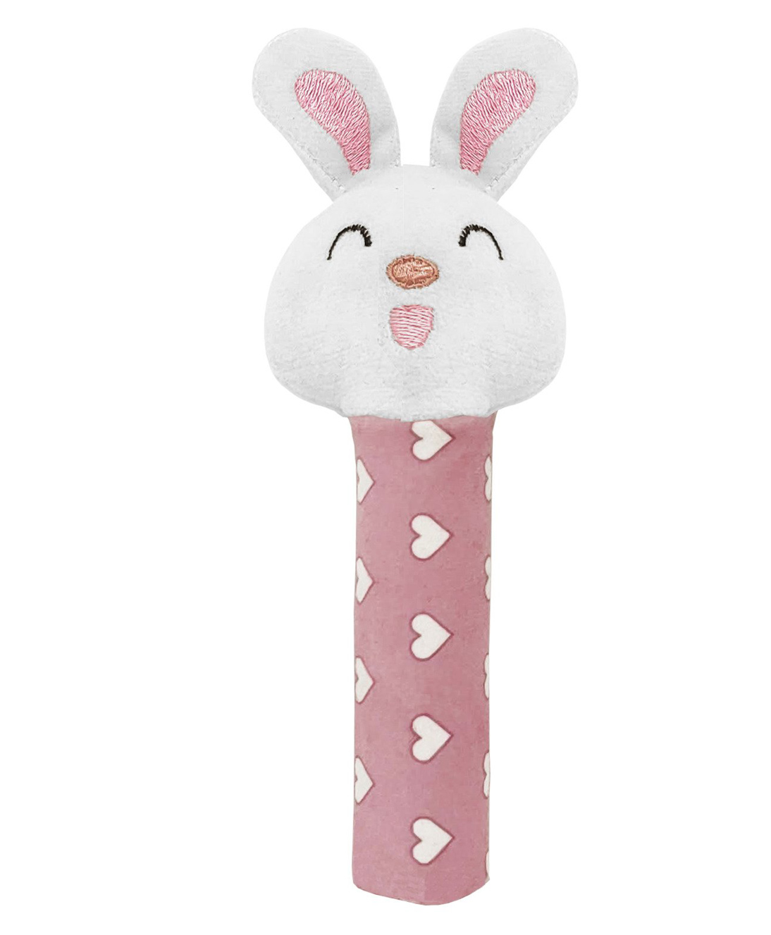 SnugglePuff Soft Bunny Rattle, Two Sounds: Rattle & Squeaker, Embroidered Face  Pink