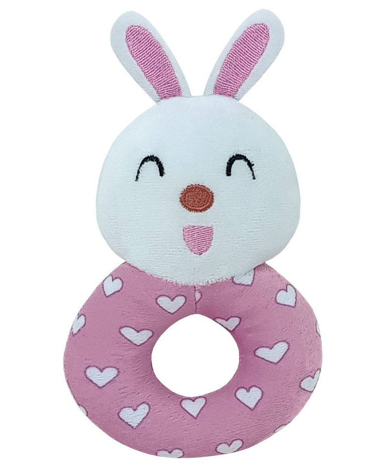 SnugglePuff Soft Bunny Rattle, Embroidered Face - Pink