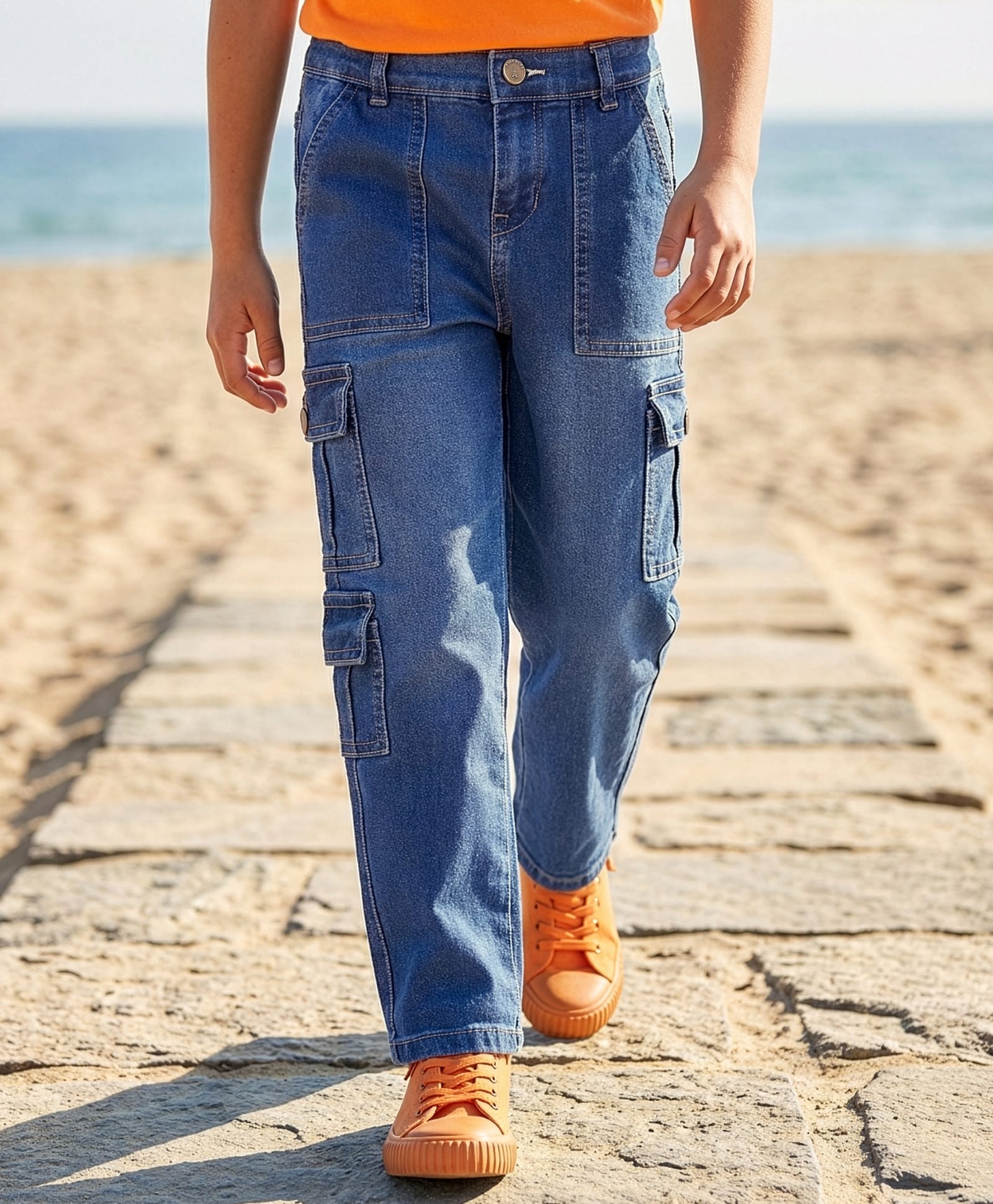 Pine Kids Full Length Washed Denim Jeans with Cargo Pocket - Blue-picture-20