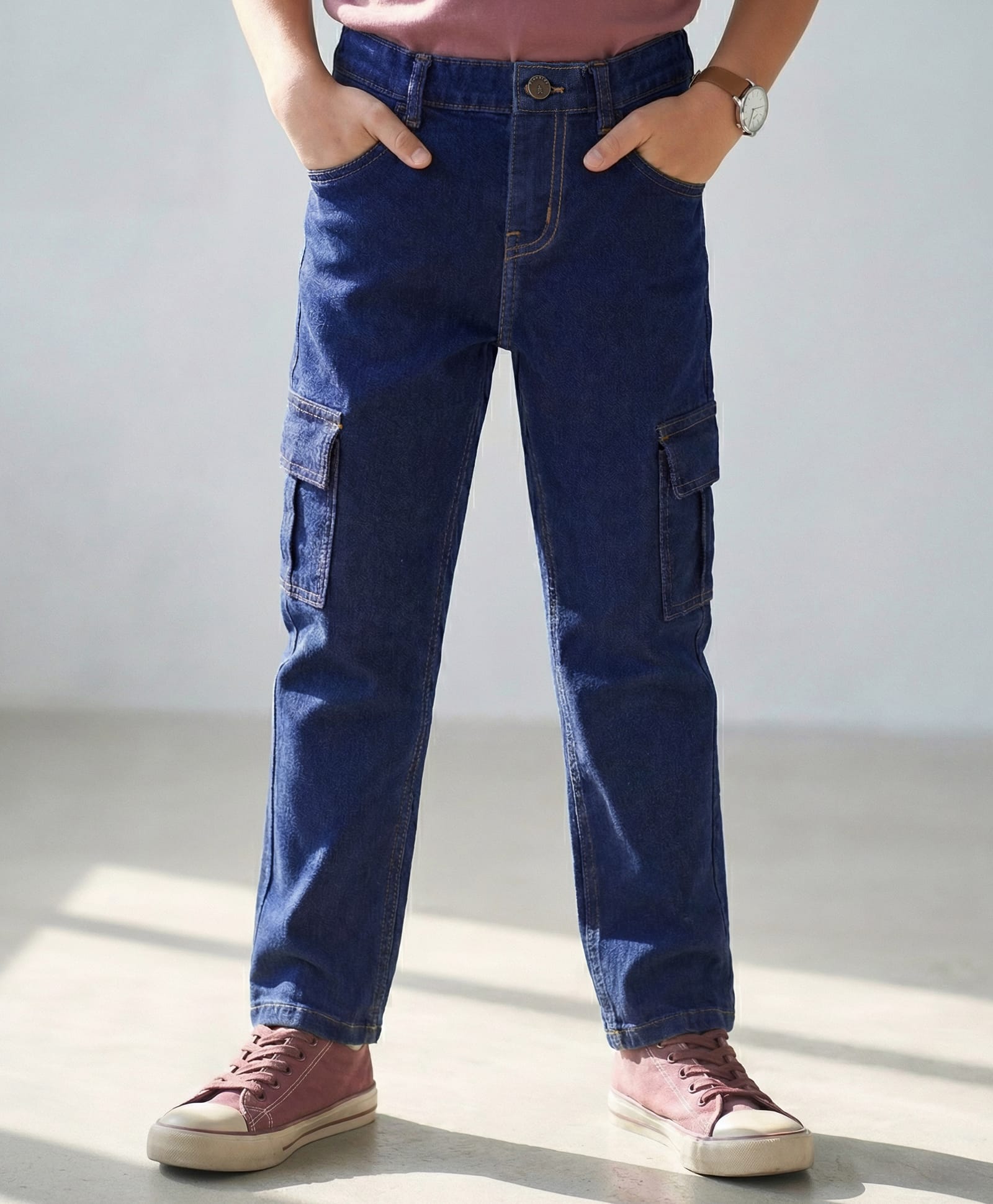 Pine Kids Full Length Washed Denim Jeans with Cargo Pocket - Navy Blue-picture-25