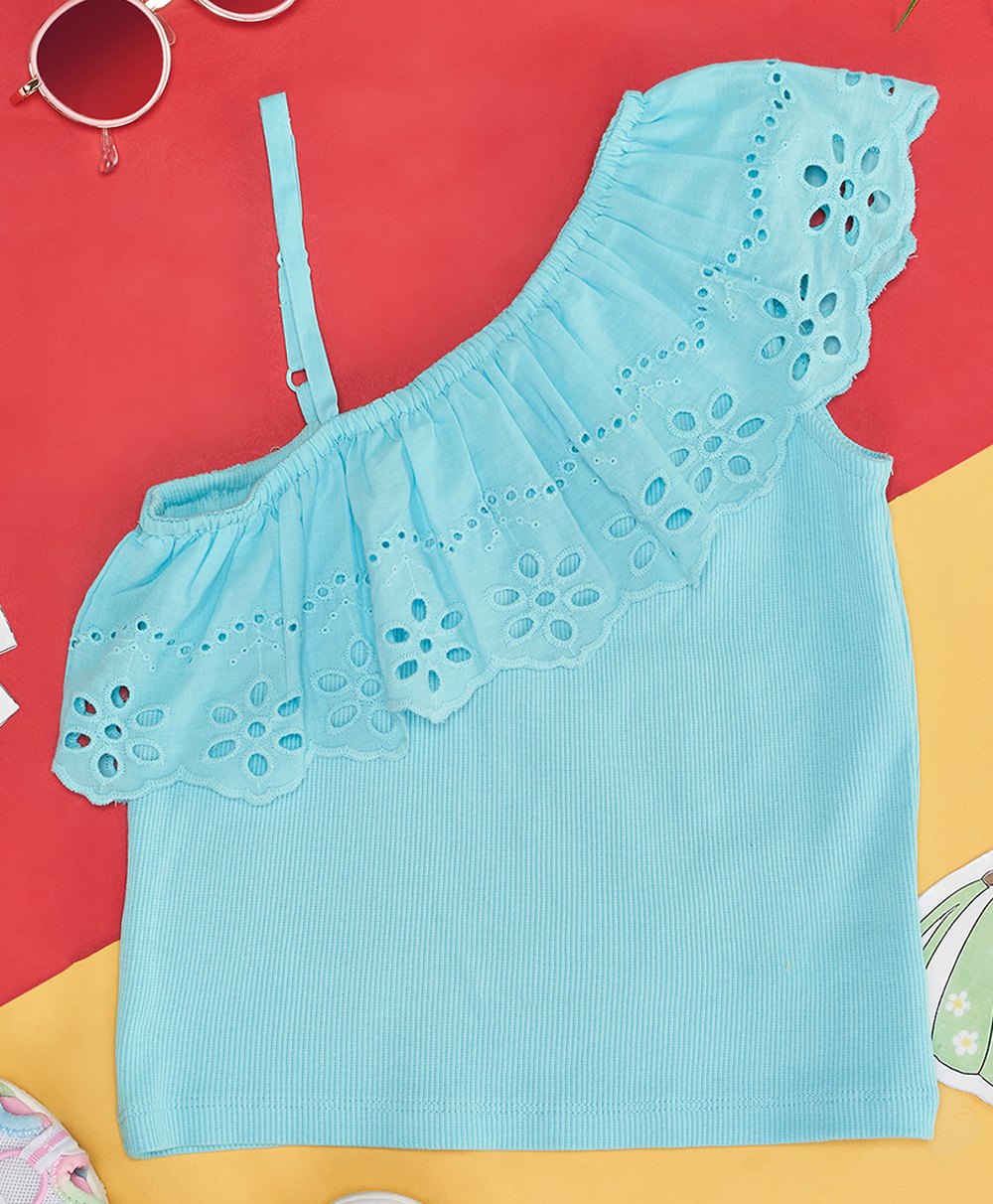 Pantaloons Junior Cotton Spandex One Shoulder Schiffli Embroidered Top - Blue-picture-36