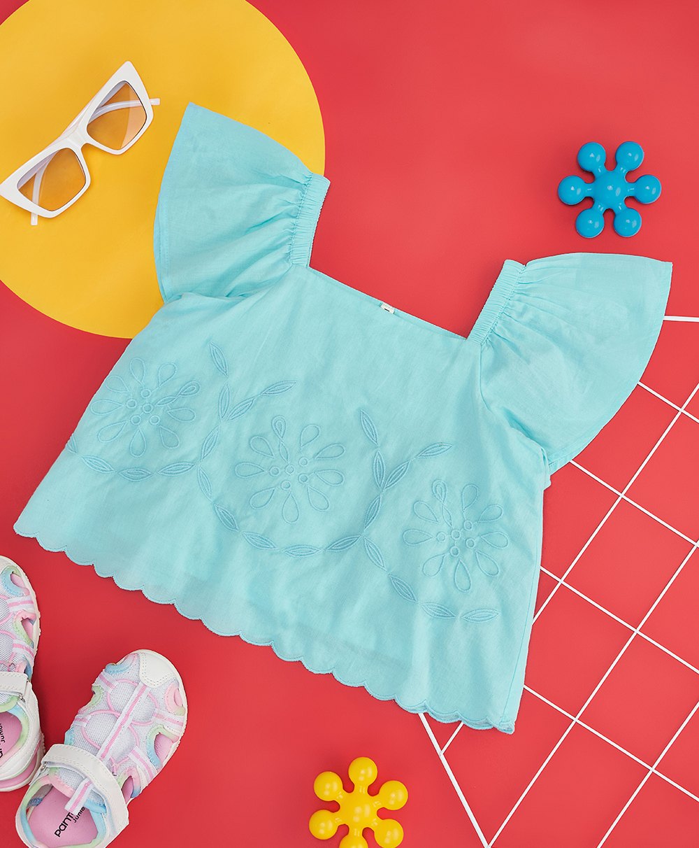 Pantaloons Junior Frill Sleeves Floral Embroidered Top - Blue-picture-26
