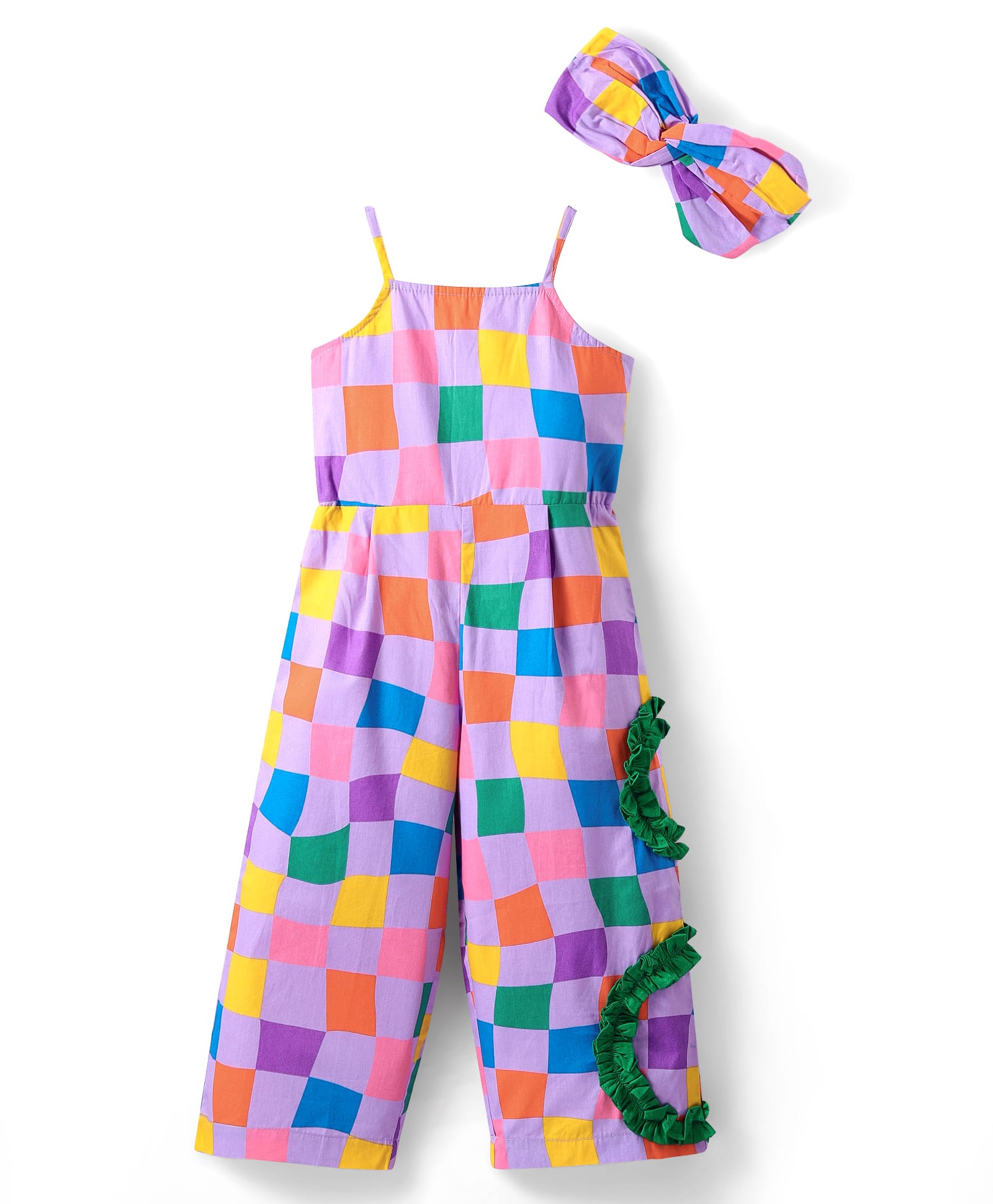 Lil' Drama Sleeveless Checked & Frill Detailed Cotton Jumpsuit - Multi Colour-picture-34