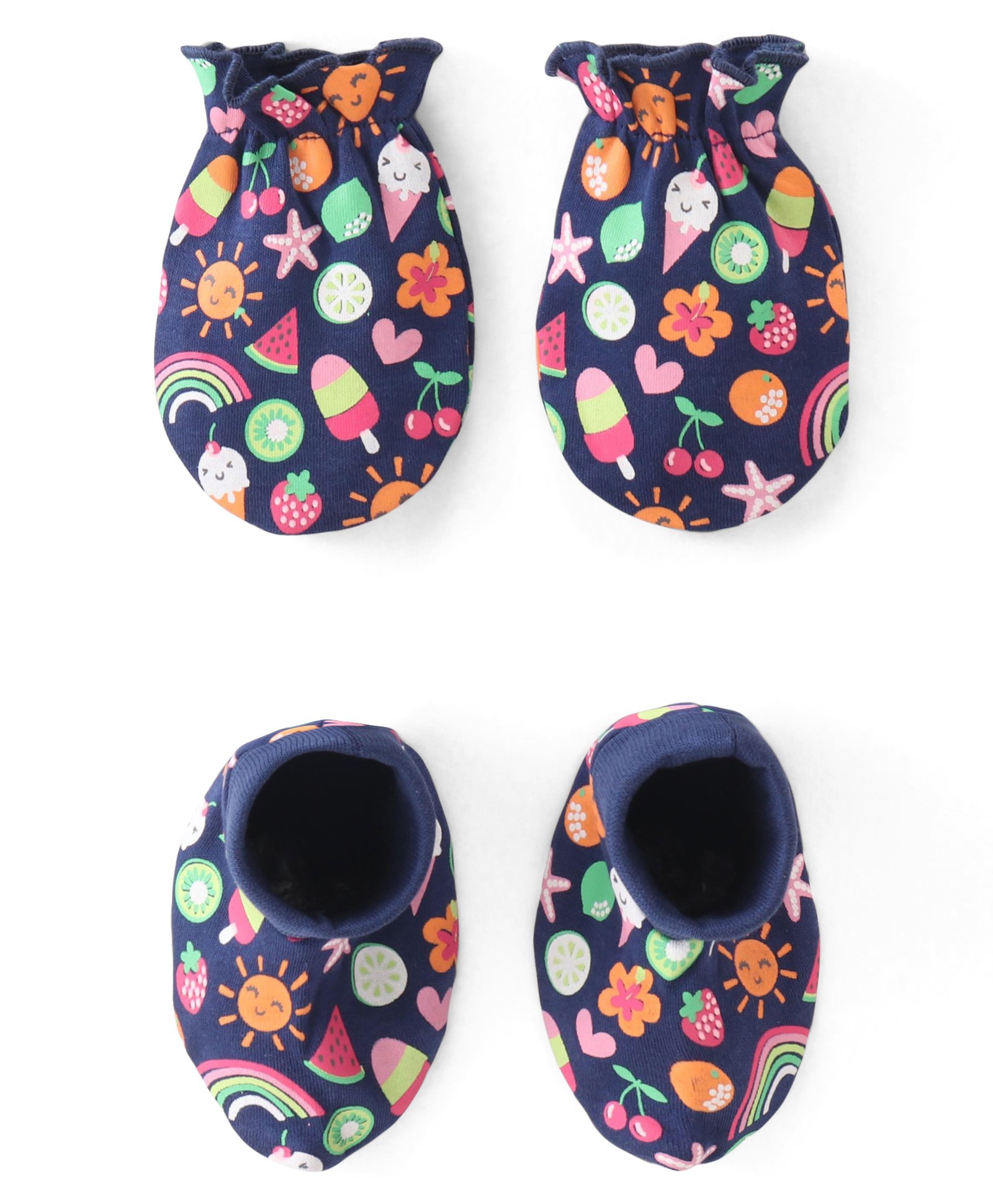 Babyhug 100% Cotton Knit Fruit Print Mittens and Booties - Navy Blue-image-24