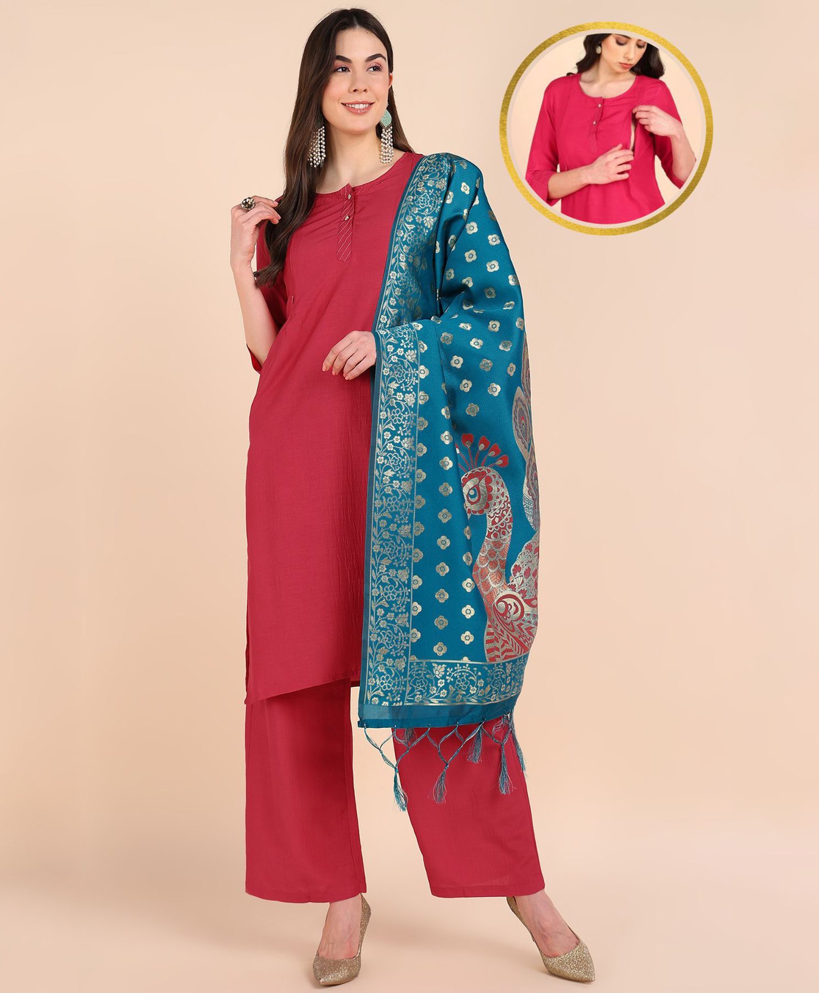 Zelena Three Fourth Sleeves Solid & Peacock Printed Suit Set With Zipper Nursing Access - Fuchsia-image-3