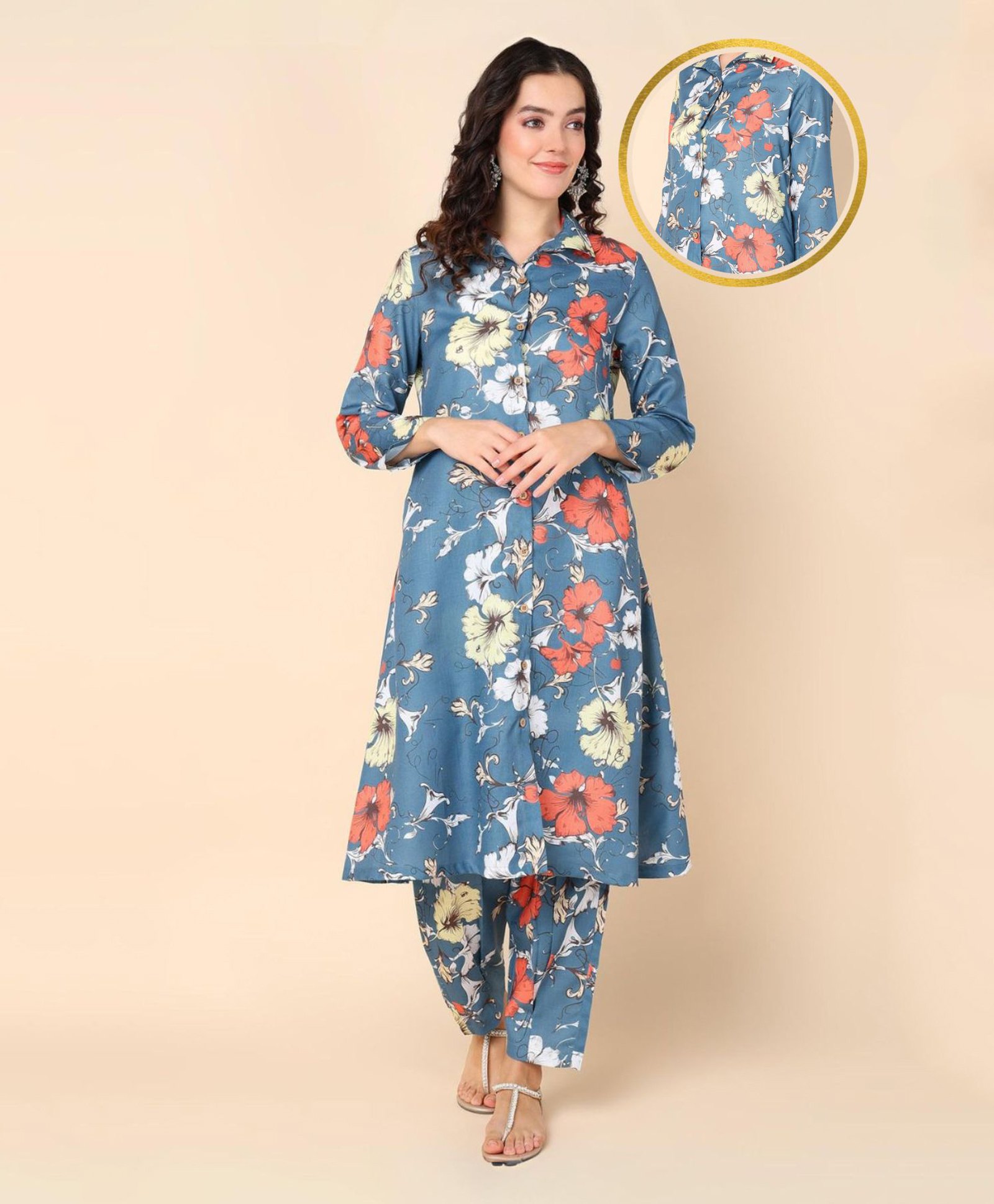 Zelena Full Sleeves Floral Printed Maternity Suit Set -  Sky Blue-image-44