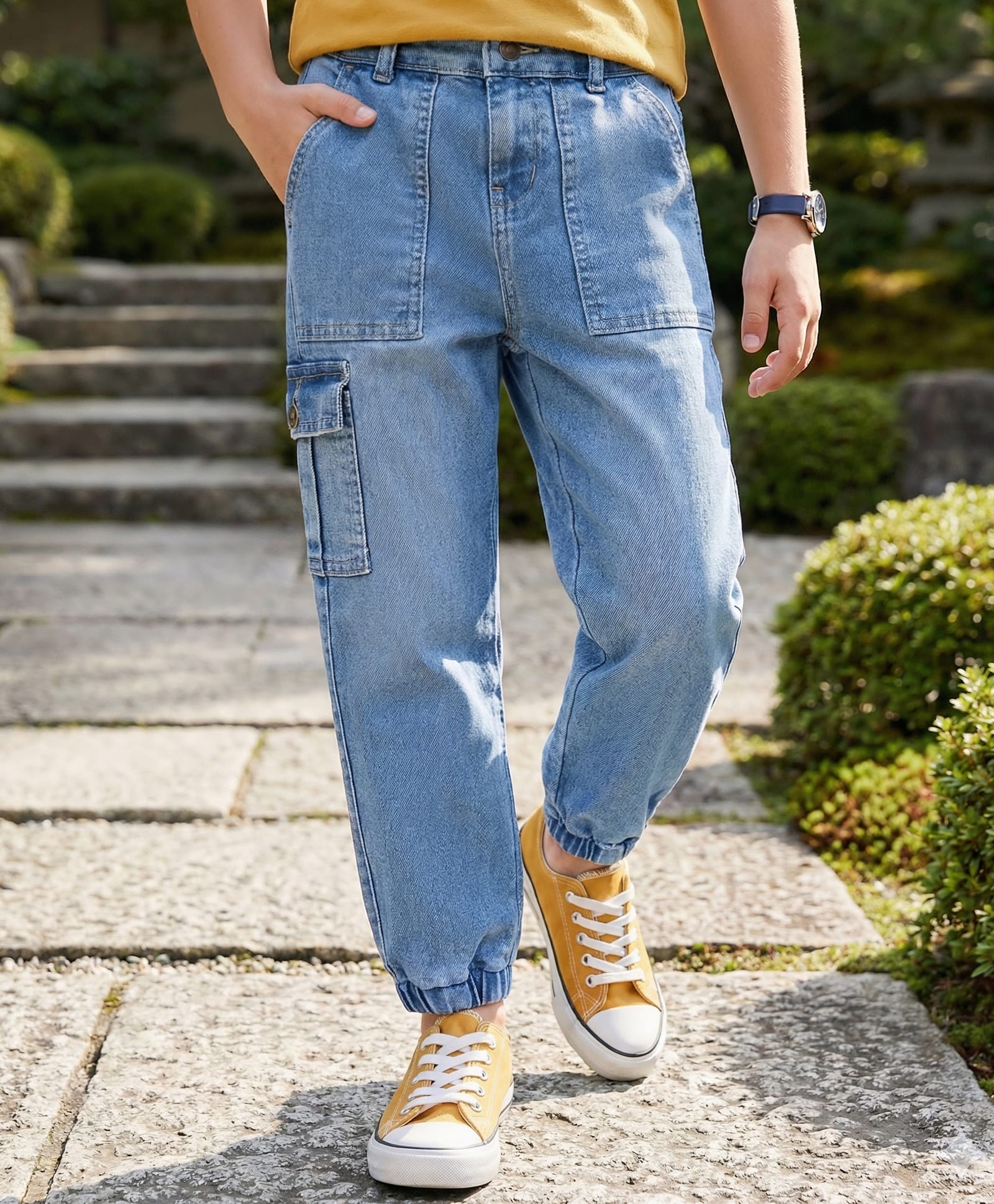 Pine Kids Full Length Washed Denim Jeans with Cargo Pocket - Light Blue-image-26