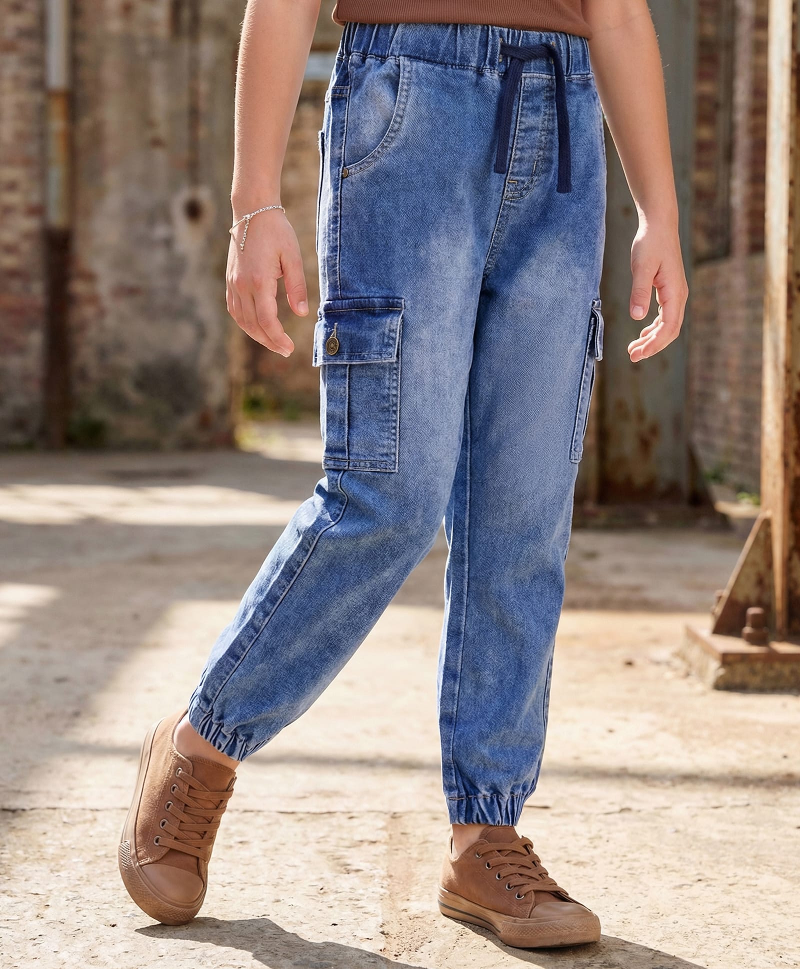 Pine Kids Ankle Length Washed Denim Jeans with Cargo Pocket - Blue-image-23